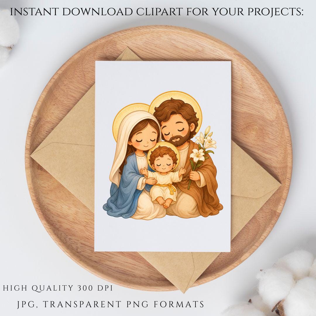 Catholic Saints Clipart PNG Bundle, Chibi Jesus Mary Holy Family Graphics, Religious Nursery Clipart