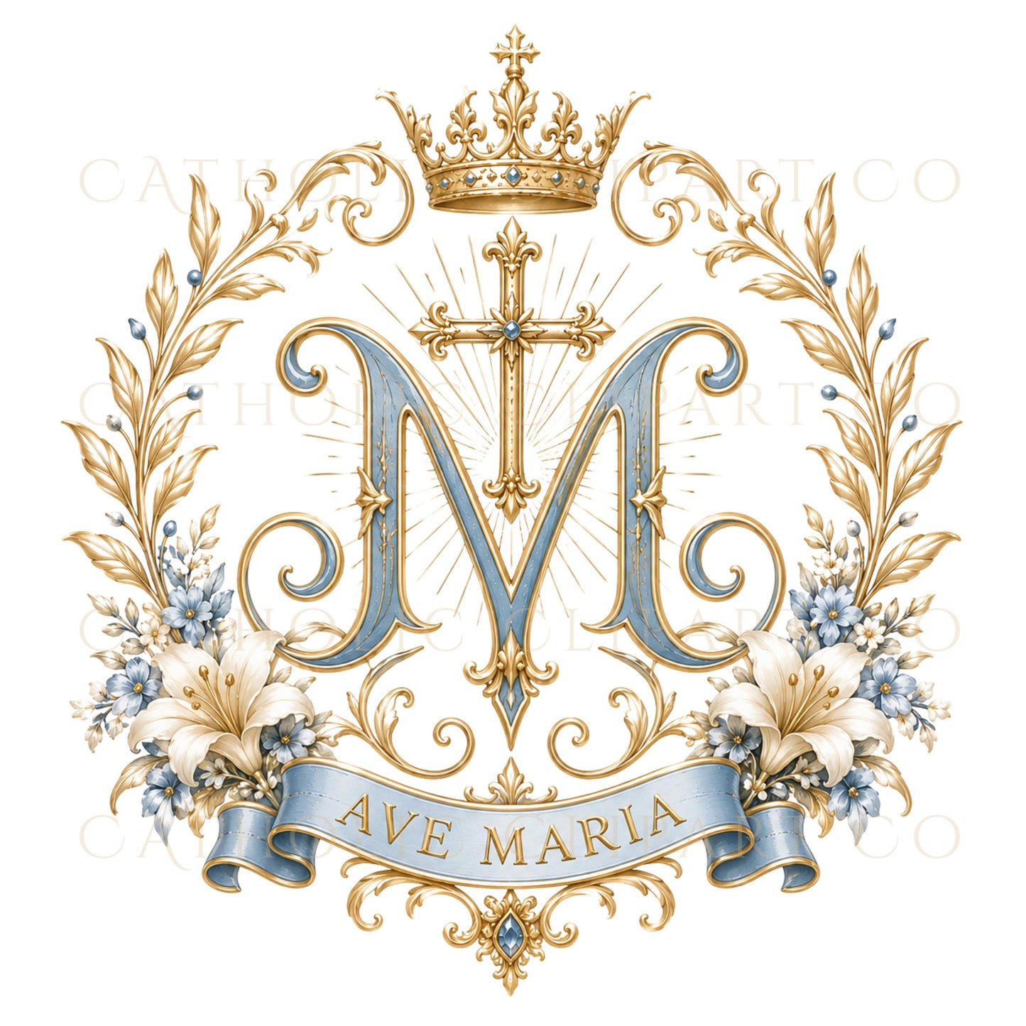 Premium Marian monogram graphics for Catholic wedding invitations, programs, menus and stationery. | Gráficos premium de monogramas marianos para invitaciones, programas, menús y papelería de bodas católicas.