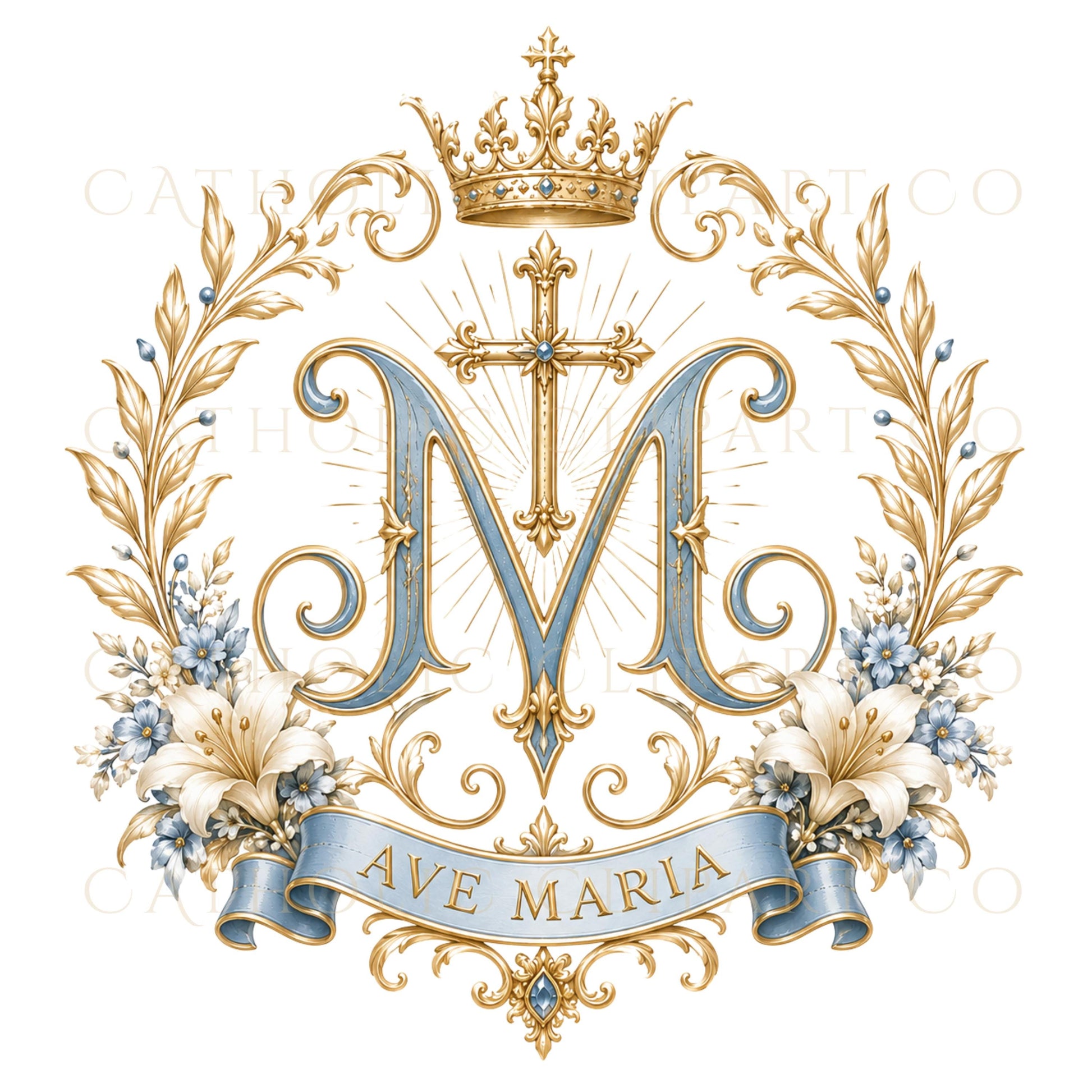 Premium Marian monogram graphics for Catholic wedding invitations, programs, menus and stationery. | Gráficos premium de monogramas marianos para invitaciones, programas, menús y papelería de bodas católicas.