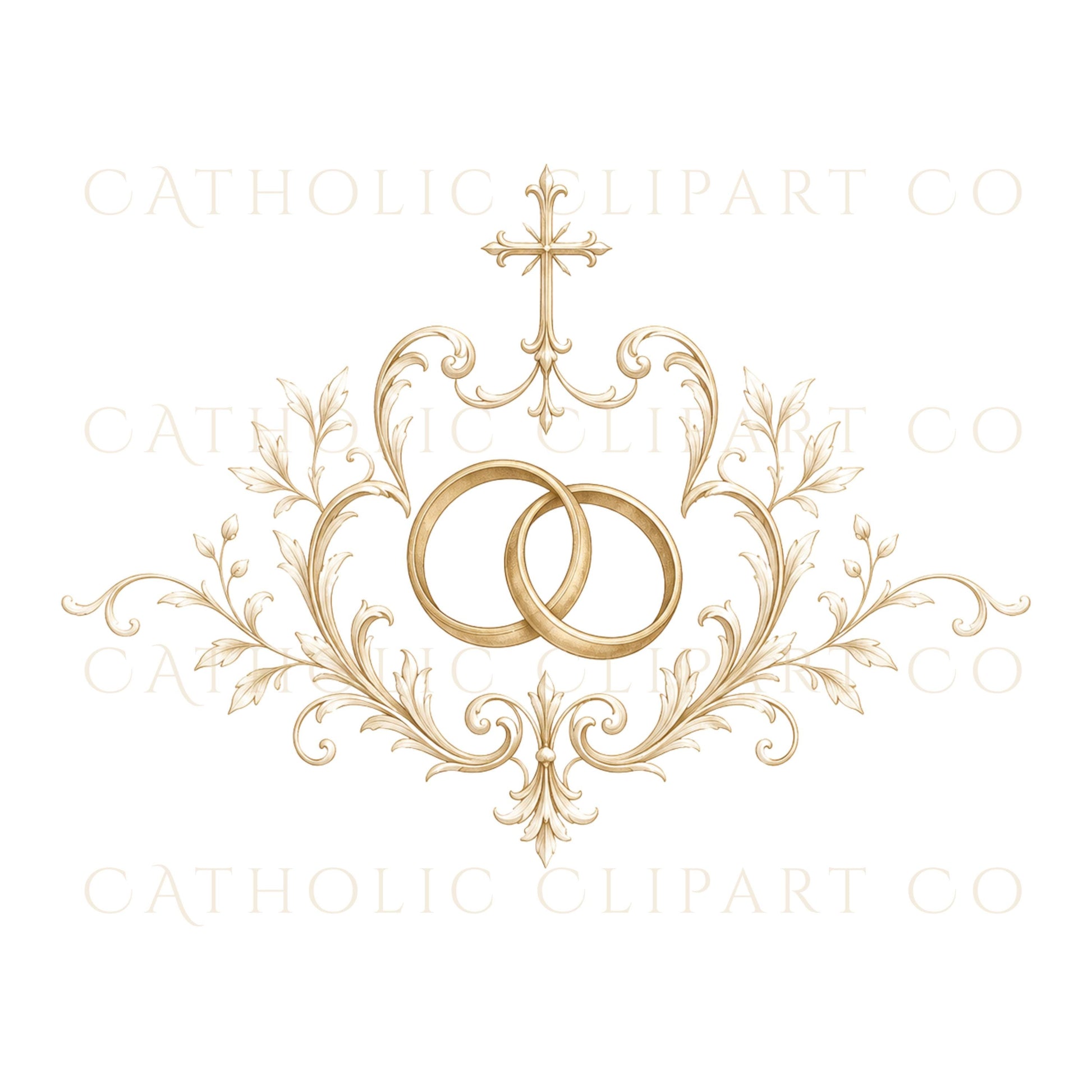 Wedding crest graphics inspired by Catholic tradition featuring Ave Maria symbols and ornate flourishes. | Gráficos de escudos de boda inspirados en la tradición católica con símbolos Ave María y detalles ornamentales.