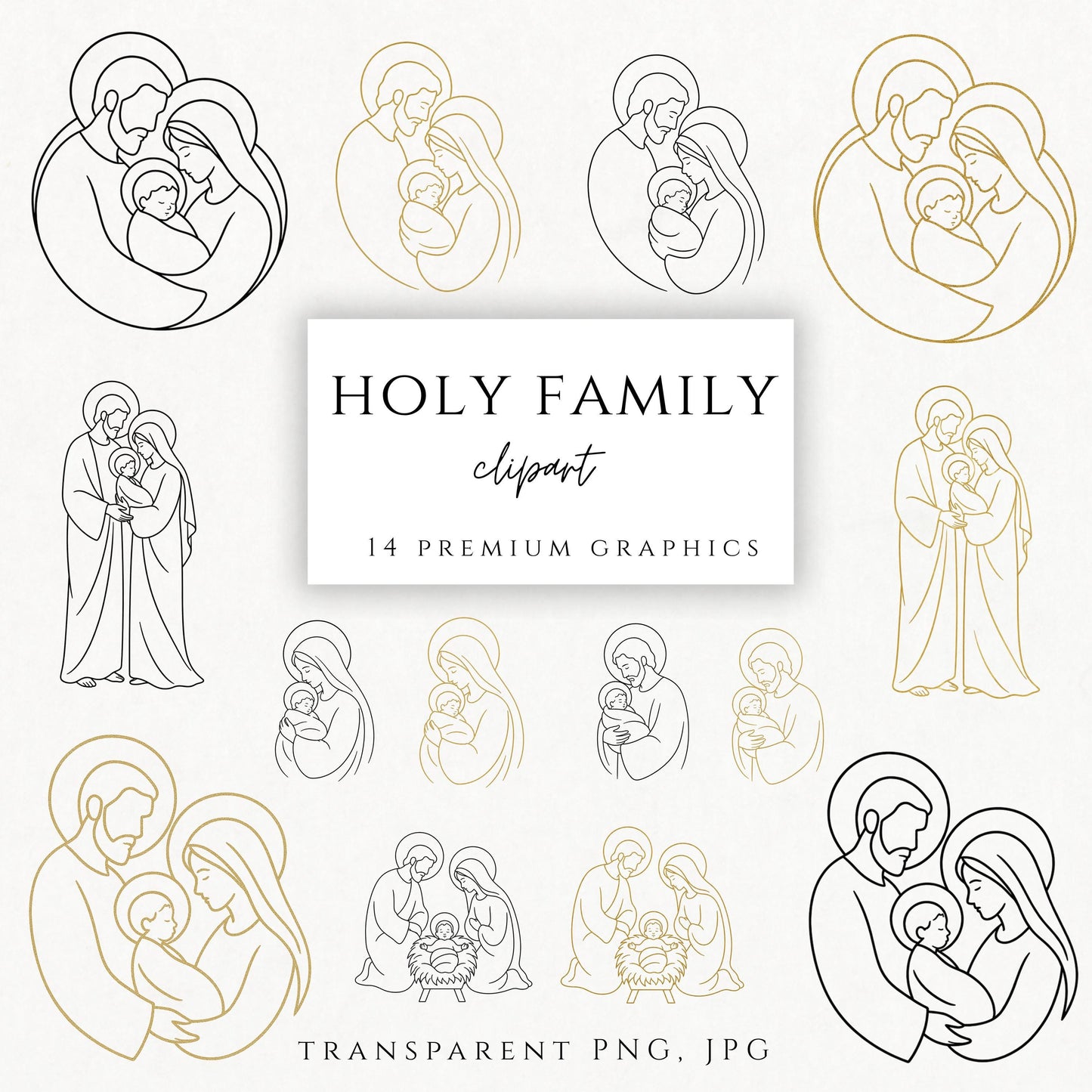 Holy Family line art clipart bundle in black and gold, minimalist Catholic family graphics for religious projects | Paquete de clipart de la Sagrada Familia en línea negra y dorada, gráficos católicos minimalistas para proyectos religiosos