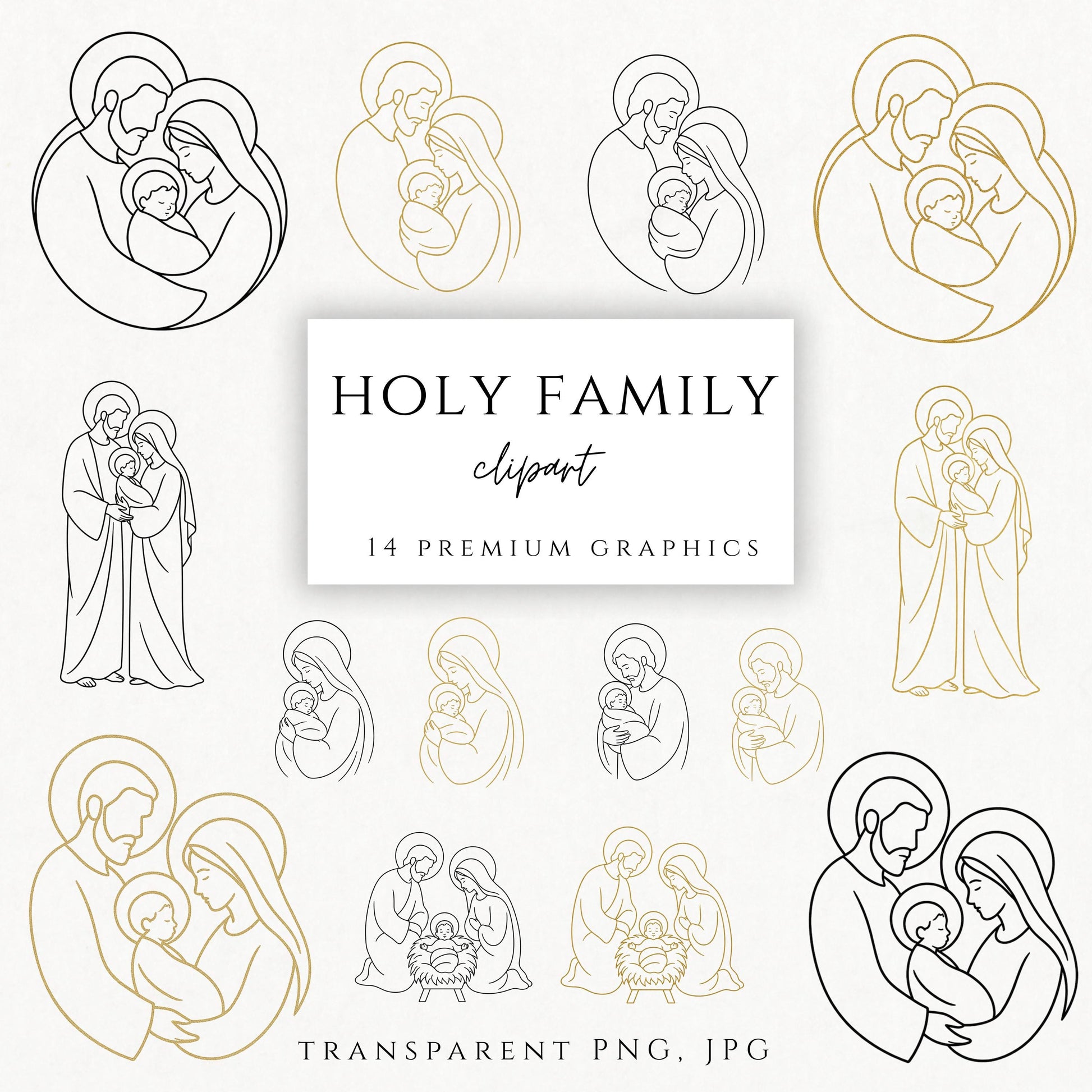 Holy Family line art clipart bundle in black and gold, minimalist Catholic family graphics for religious projects | Paquete de clipart de la Sagrada Familia en línea negra y dorada, gráficos católicos minimalistas para proyectos religiosos