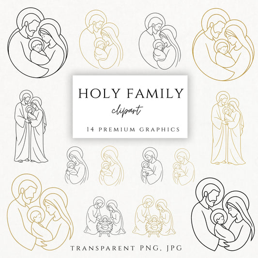 Holy Family line art clipart bundle in black and gold, minimalist Catholic family graphics for religious projects | Paquete de clipart de la Sagrada Familia en línea negra y dorada, gráficos católicos minimalistas para proyectos religiosos