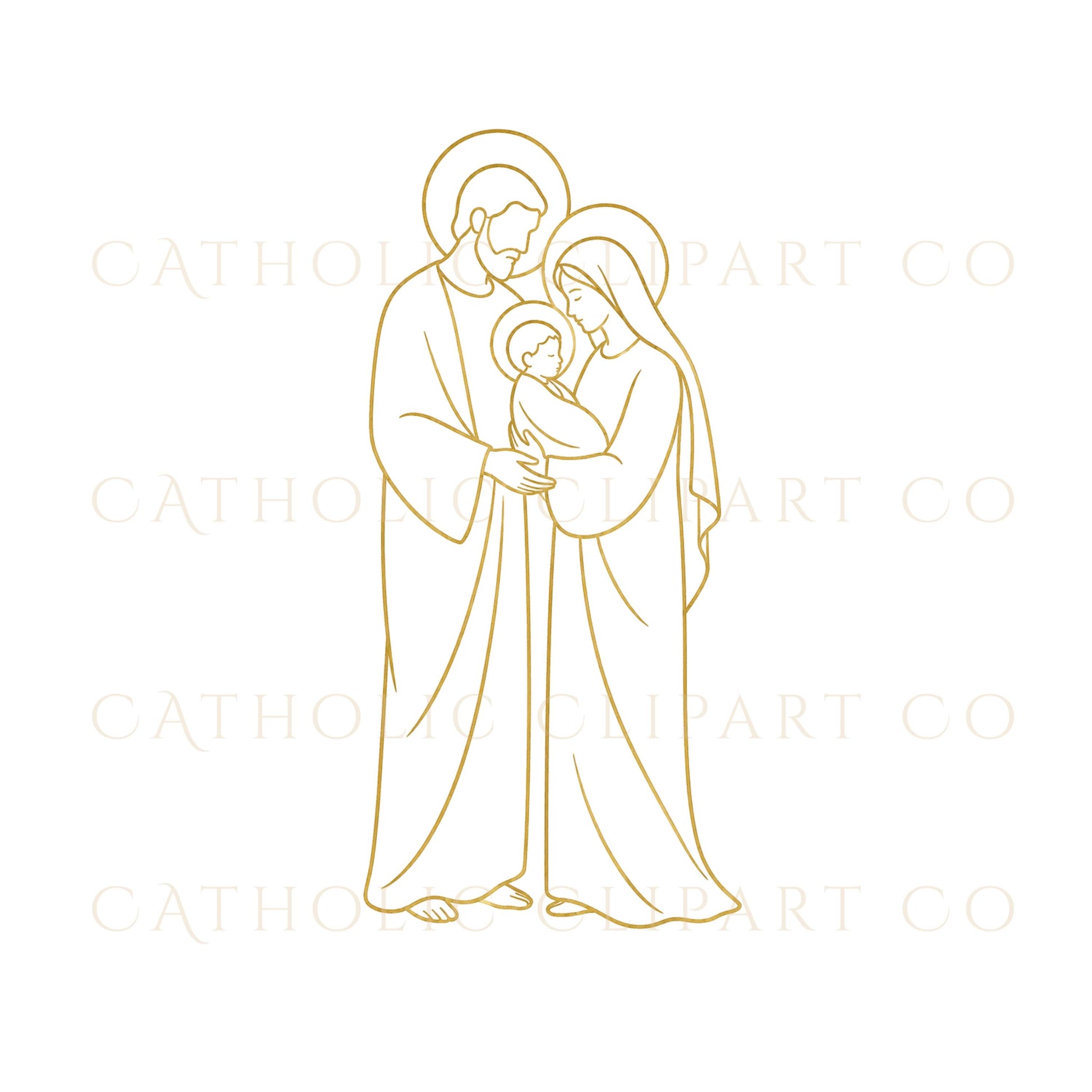 Mary holding Baby Jesus illustration in minimalist Catholic line drawing style | Ilustración de María sosteniendo al Niño Jesús en estilo minimalista de dibujo lineal católico
