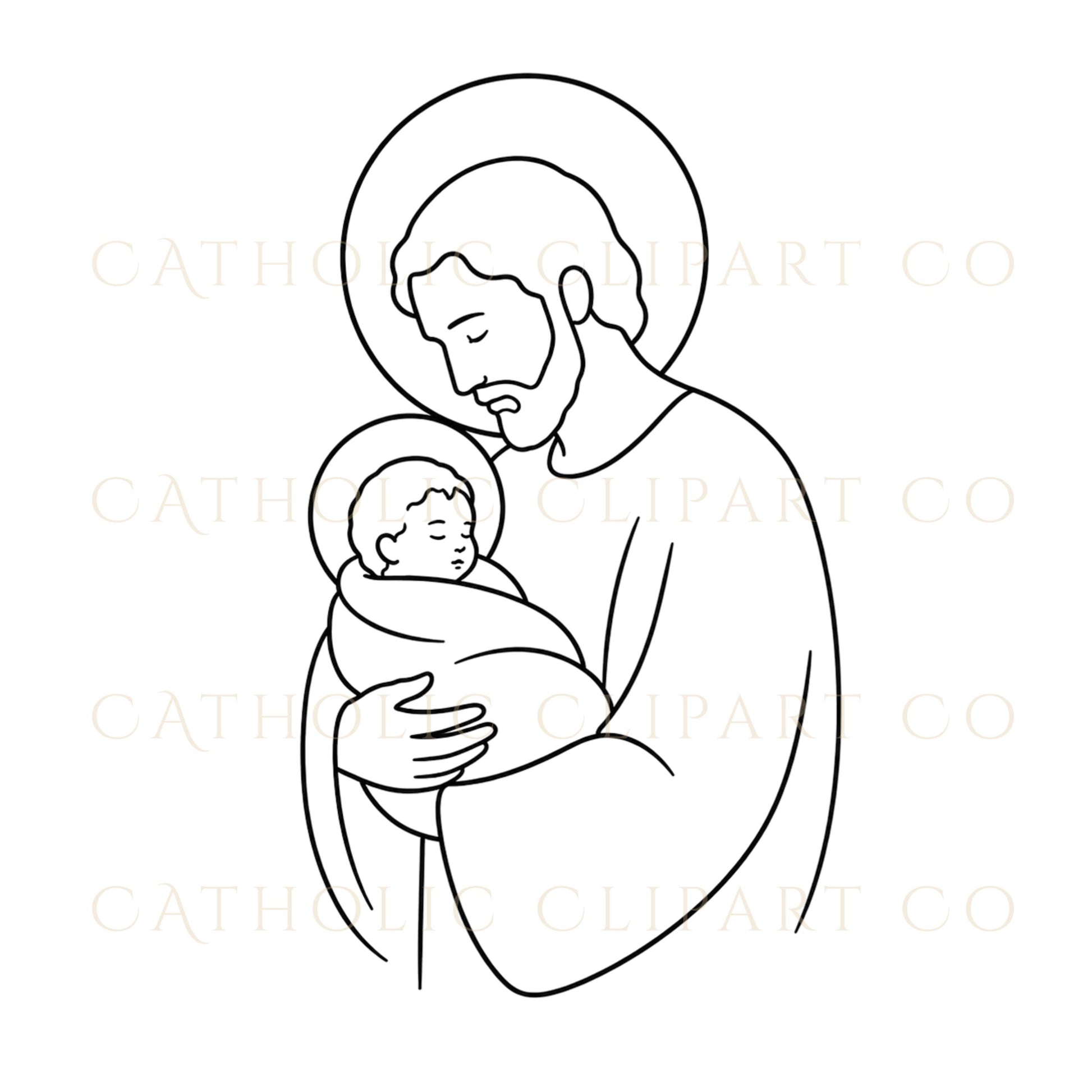 Religious line art bundle with Holy Family, nativity scene, Mary and Joseph illustrations | Paquete de arte lineal religioso con Sagrada Familia, escena de Natividad e ilustraciones de María y José