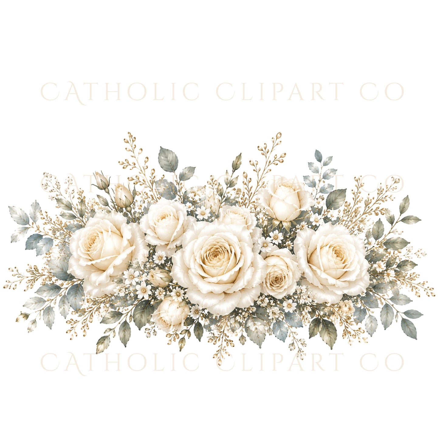 White floral clipart PNG featuring elegant rose arrangements and botanical accents | Clipart floral blanco PNG con elegantes arreglos de rosas y detalles botánicos