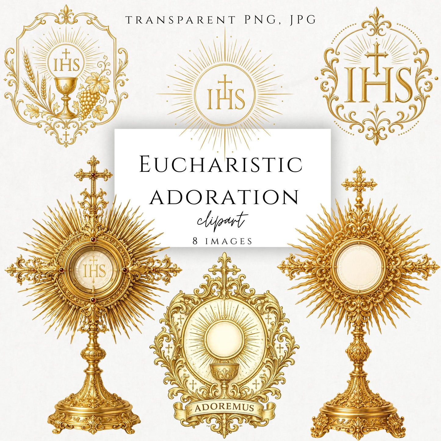 Eucharistic Adoration clipart bundle featuring ornate gold monstrances, IHS emblems, sacred host graphics and Catholic design elements | Paquete de clipart de Adoración Eucarística con custodias doradas ornamentadas, emblemas IHS, hostias sagradas y elementos de diseño católico