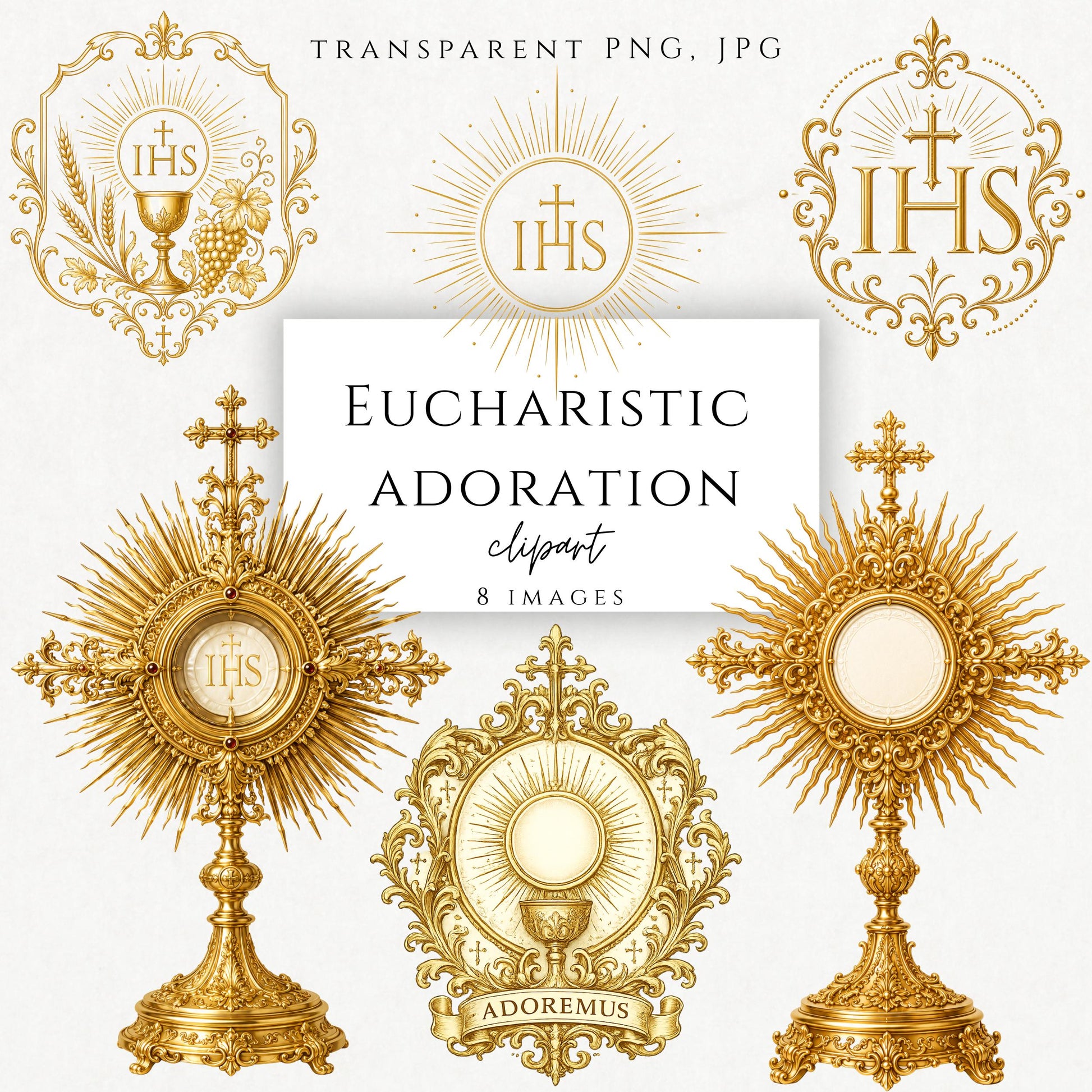 Eucharistic Adoration clipart bundle featuring ornate gold monstrances, IHS emblems, sacred host graphics and Catholic design elements | Paquete de clipart de Adoración Eucarística con custodias doradas ornamentadas, emblemas IHS, hostias sagradas y elementos de diseño católico