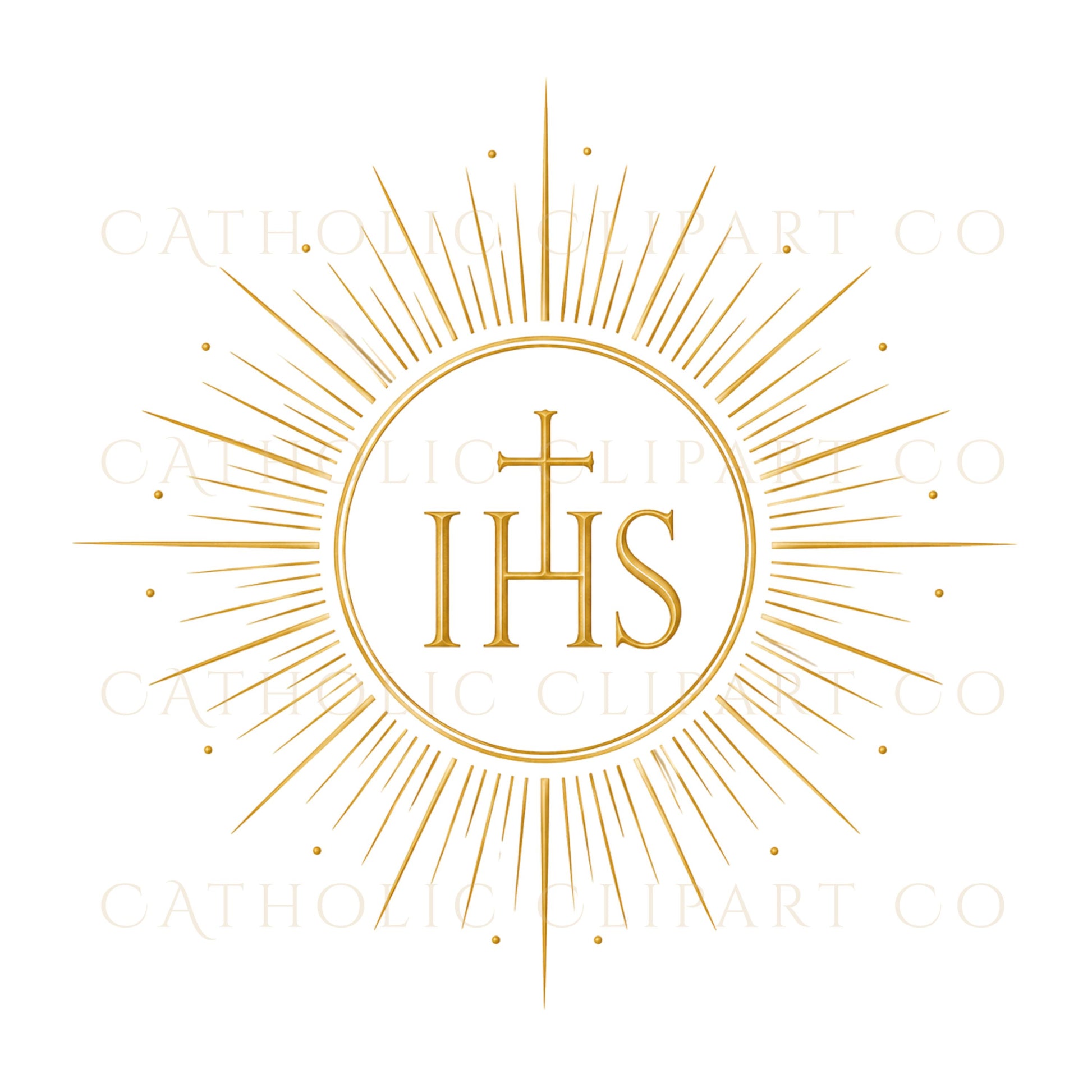 Adoremus emblem clipart featuring sacred host, gold flourishes and Eucharistic devotional design | Clipart de emblema Adoremus con hostia sagrada, adornos dorados y diseño devocional eucarístico