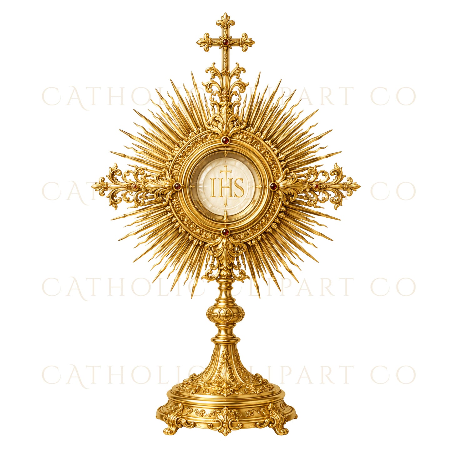 Traditional Eucharistic symbolism clipart featuring monstrances, sacred hosts and IHS emblems | Clipart de simbolismo eucarístico tradicional con custodias, hostias sagradas y emblemas IHS