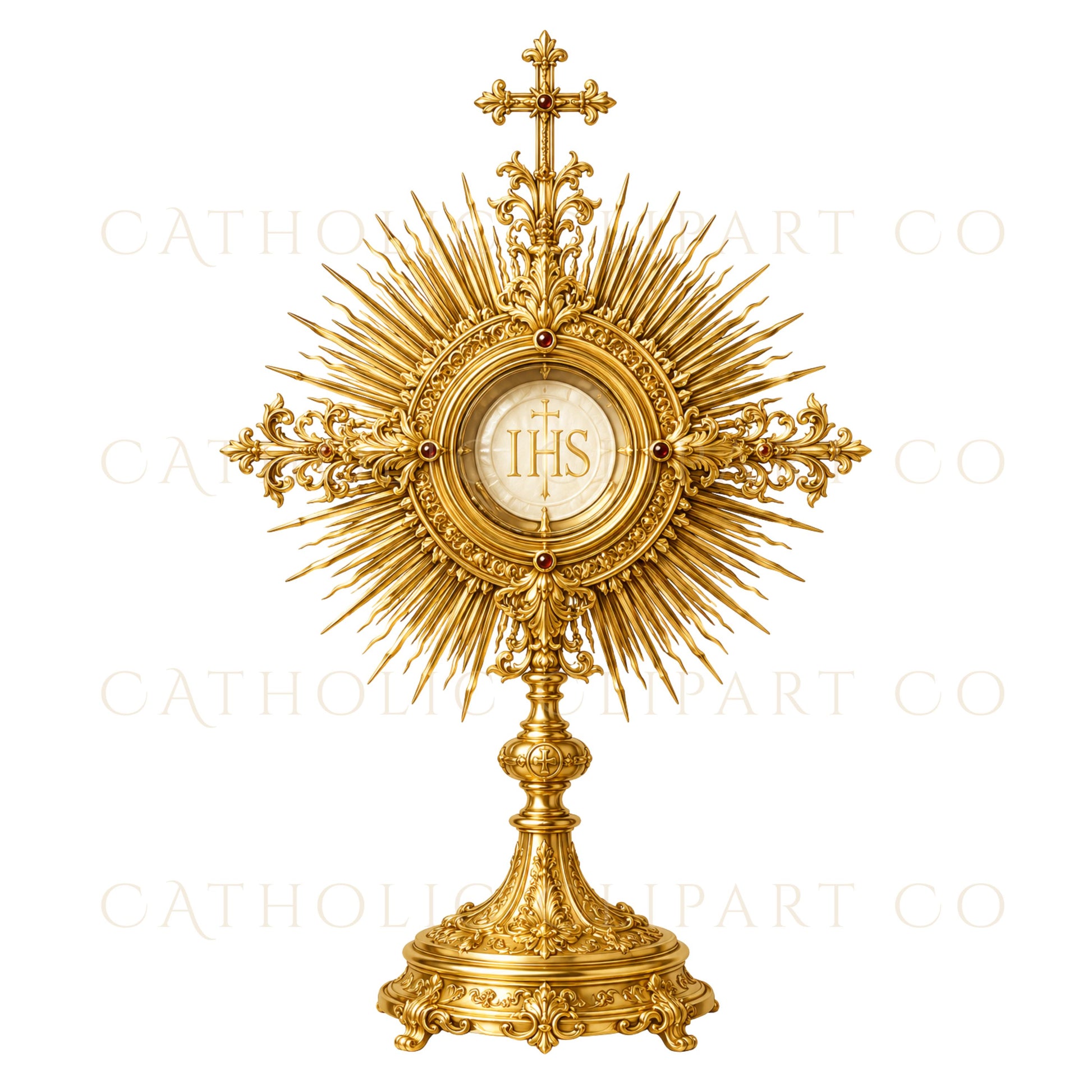 Traditional Eucharistic symbolism clipart featuring monstrances, sacred hosts and IHS emblems | Clipart de simbolismo eucarístico tradicional con custodias, hostias sagradas y emblemas IHS