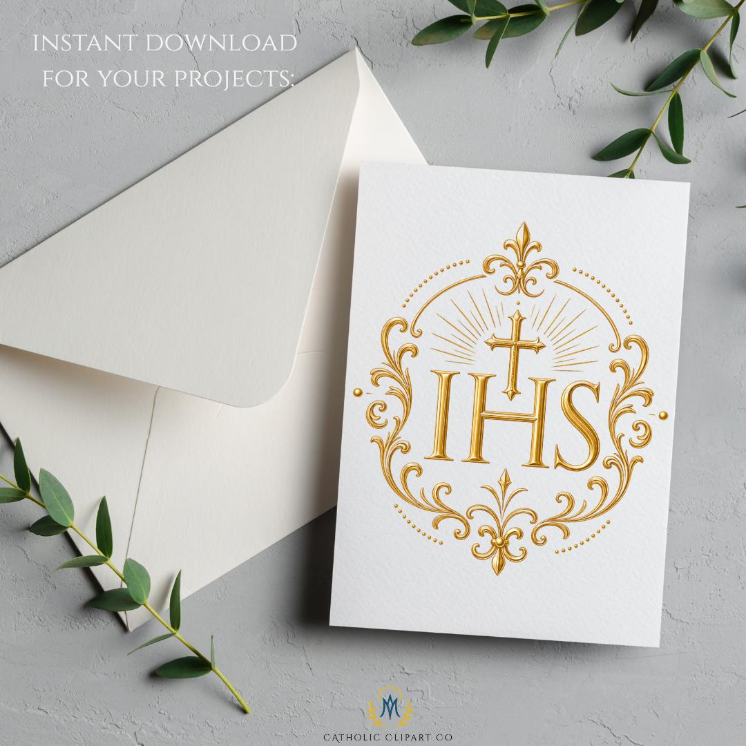 Sacred host with rays clipart featuring elegant IHS symbol and Eucharistic sunburst design | Clipart de hostia sagrada con rayos que incluye elegante símbolo IHS y diseño eucarístico radiante