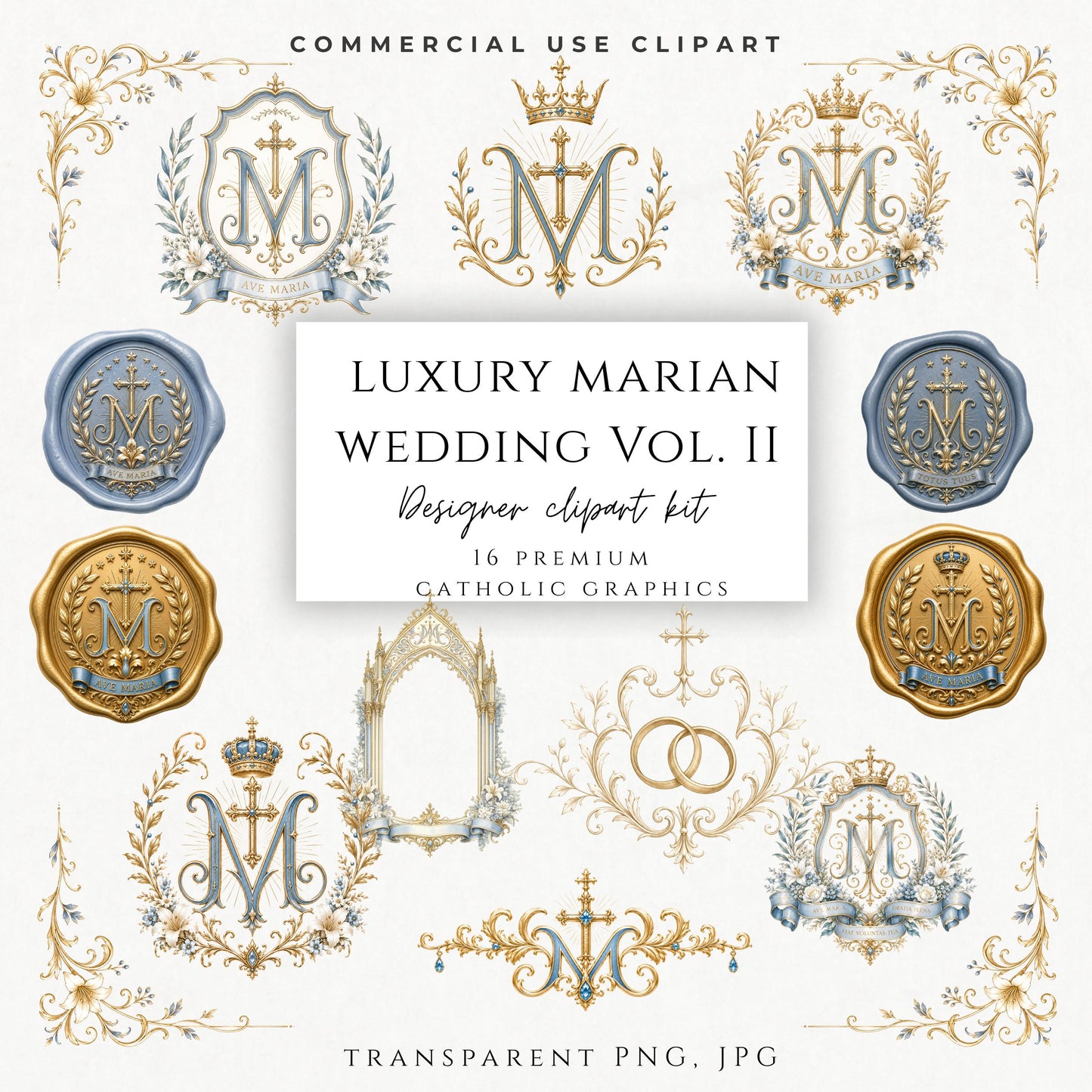 Luxury Marian wedding clipart bundle with Catholic monograms, wedding crests, wax seals and invitation graphics. | Paquete de clipart para bodas católicas con monogramas marianos, escudos, sellos de cera y gráficos para invitaciones.
