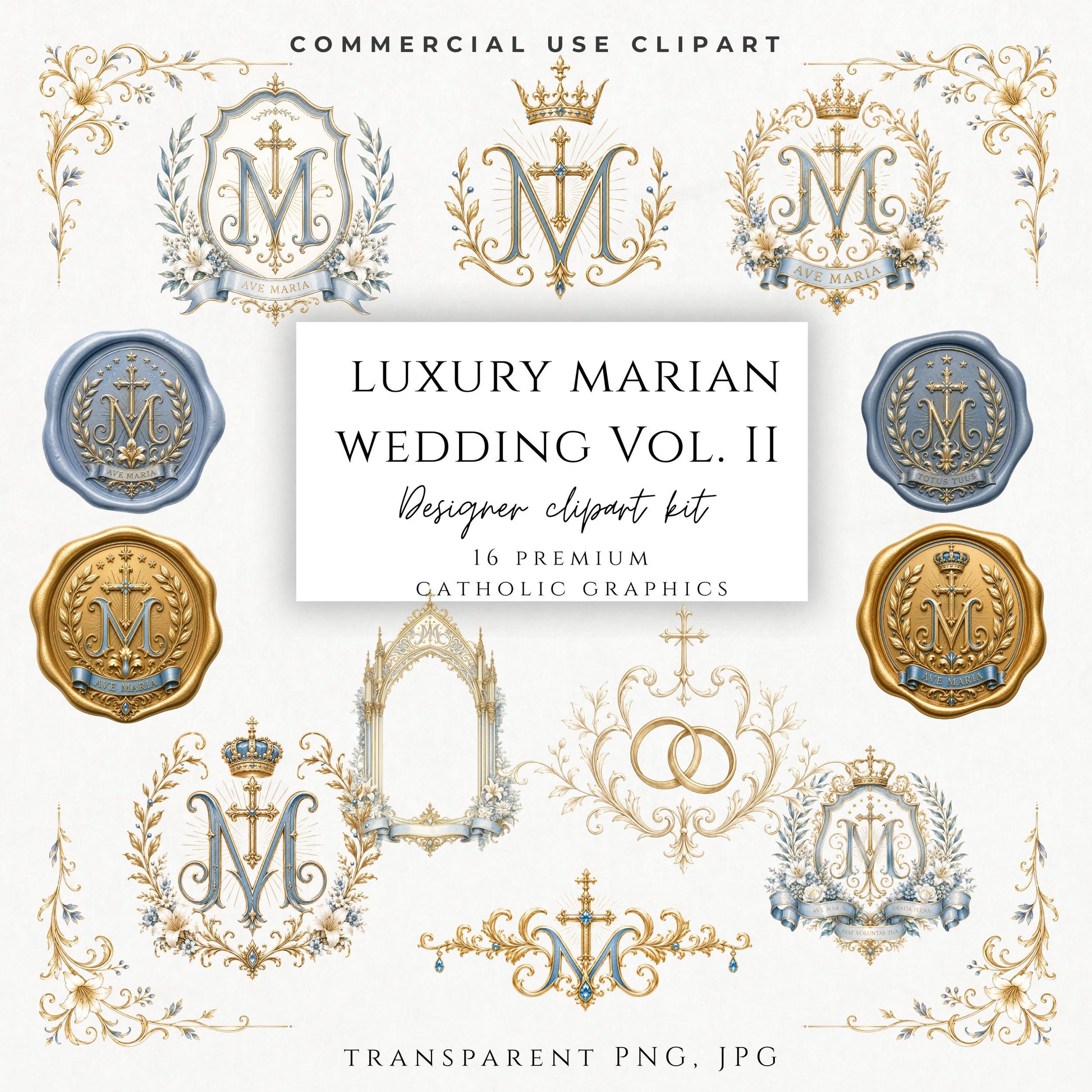 Luxury Marian wedding clipart bundle with Catholic monograms, wedding crests, wax seals and invitation graphics. | Paquete de clipart para bodas católicas con monogramas marianos, escudos, sellos de cera y gráficos para invitaciones.