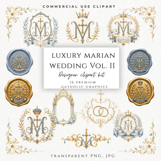 Luxury Marian wedding clipart bundle with Catholic monograms, wedding crests, wax seals and invitation graphics. | Paquete de clipart para bodas católicas con monogramas marianos, escudos, sellos de cera y gráficos para invitaciones.