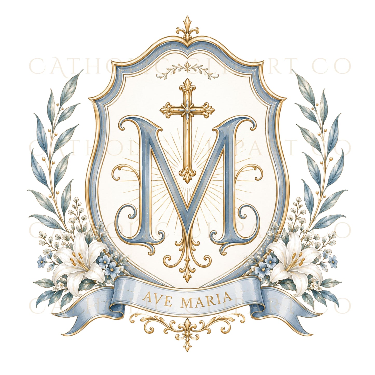Catholic wedding crest clipart featuring Ave Maria monograms, floral frames and elegant gold blue details. | Clipart de escudos para bodas católicas con monogramas Ave María, marcos florales y elegantes detalles en azul y dorado.