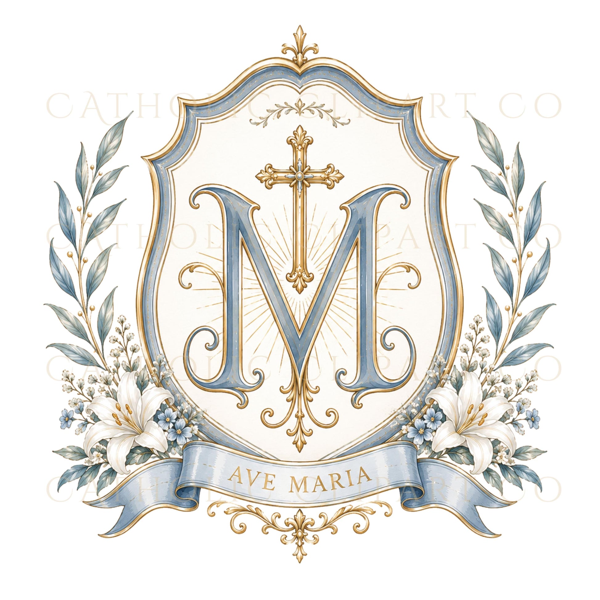 Catholic wedding crest clipart featuring Ave Maria monograms, floral frames and elegant gold blue details. | Clipart de escudos para bodas católicas con monogramas Ave María, marcos florales y elegantes detalles en azul y dorado.