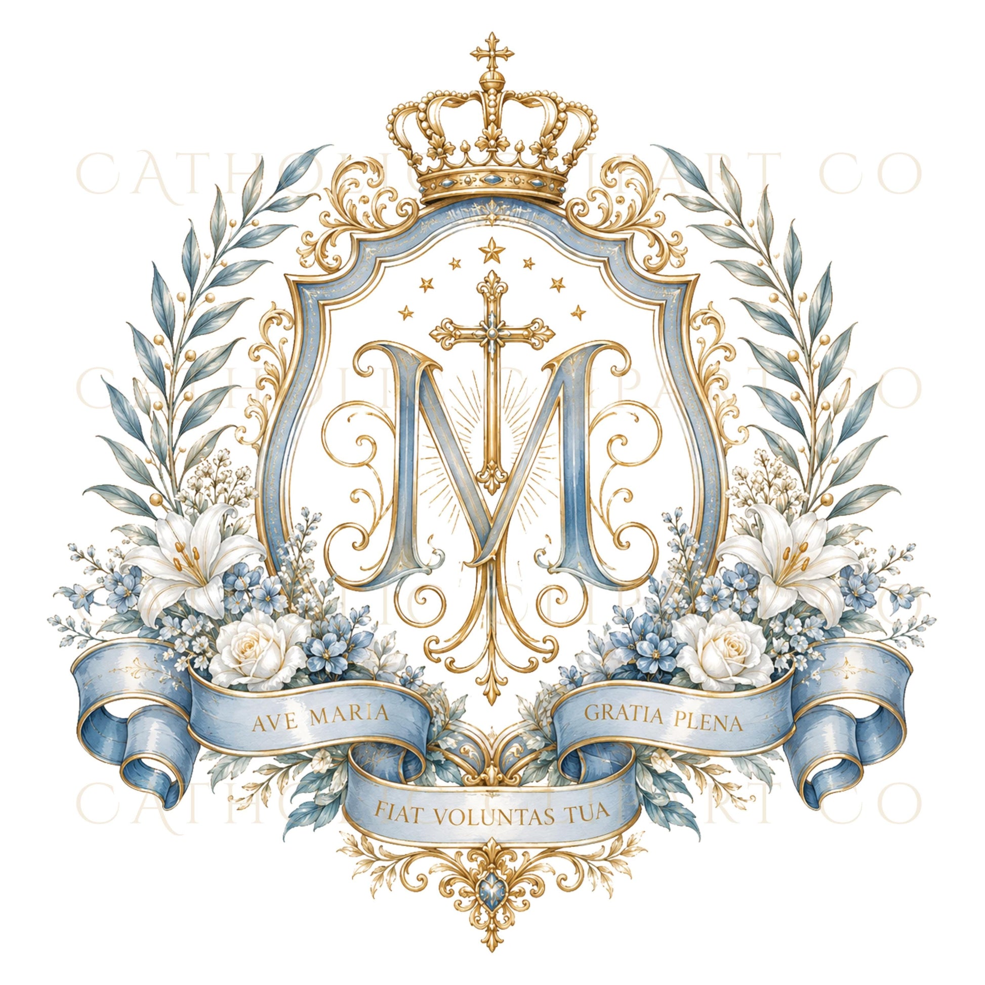 Elegant Ave Maria wedding graphics with crowns, crosses, floral embellishments and ornate frames. | Elegantes gráficos de boda Ave María con coronas, cruces, adornos florales y marcos ornamentales.