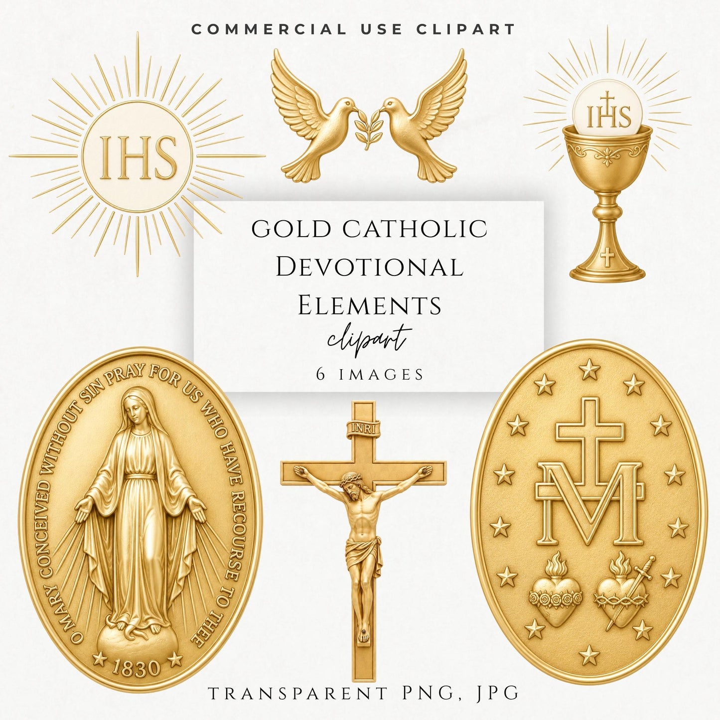 Gold Catholic devotional clipart bundle with Miraculous Medal, Eucharist, crucifix and IHS symbols. | Paquete de clipart católico dorado con Medalla Milagrosa, Eucaristía, crucifijo y símbolos IHS.