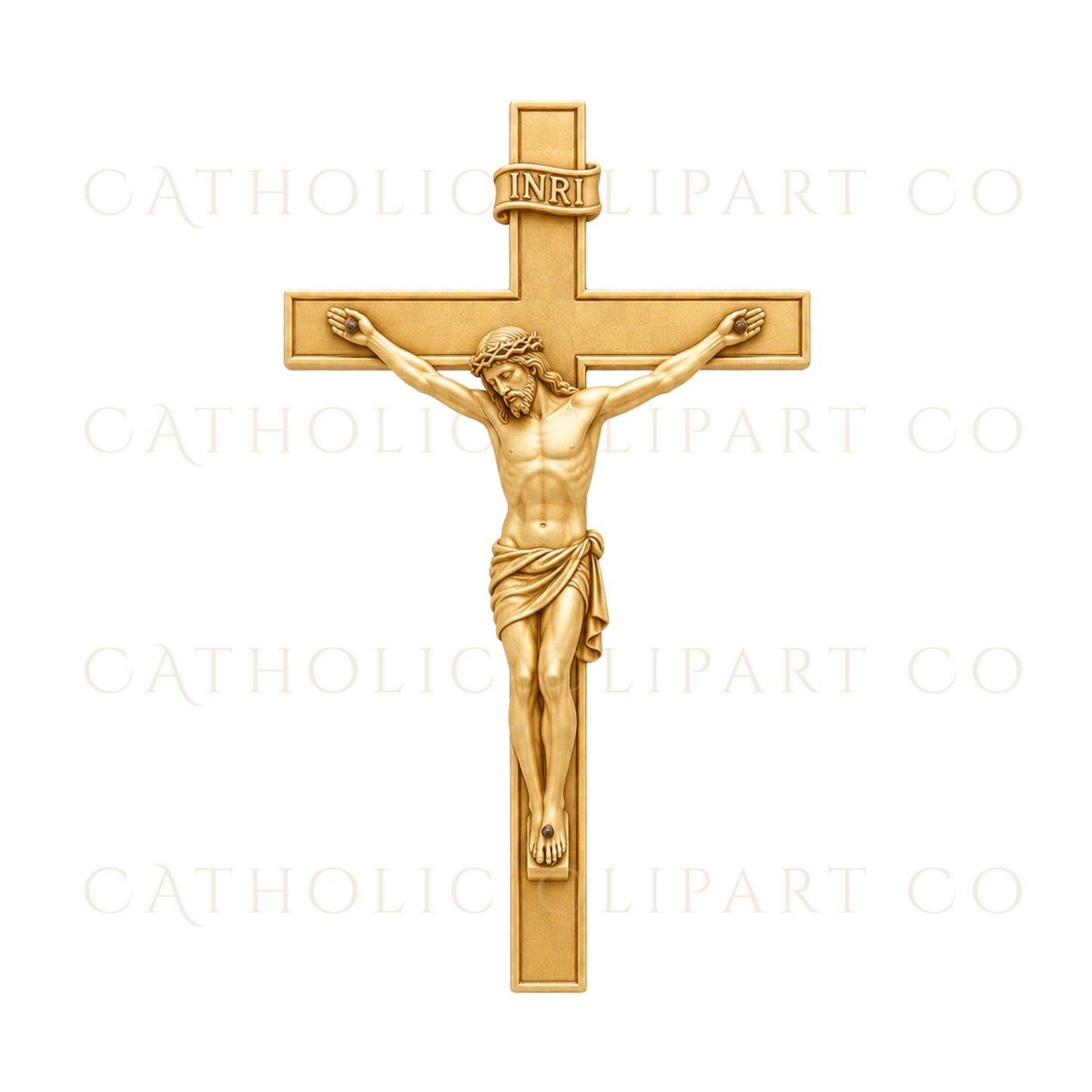 Gold crucifix clipart with detailed corpus for Catholic invitations and religious artwork. | Clipart de crucifijo dorado con Cristo detallado para invitaciones católicas y arte religioso.