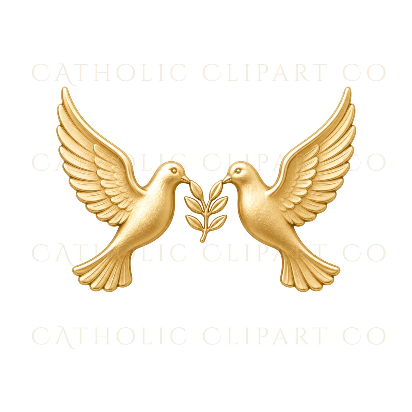 Gold peace doves with olive branch Catholic clipart symbolizing faith and peace. | Clipart de palomas doradas con rama de olivo que simbolizan la fe y la paz.