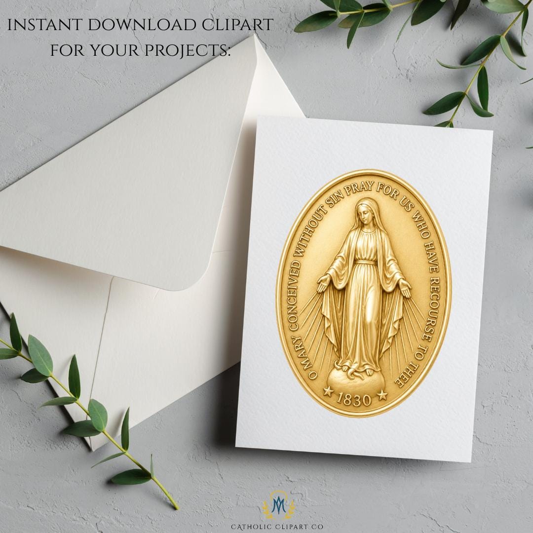 Gold Miraculous Medal front clipart PNG for Catholic designs and commercial use. | Clipart PNG de la Medalla Milagrosa dorada (anverso) para diseños católicos y uso comercial.