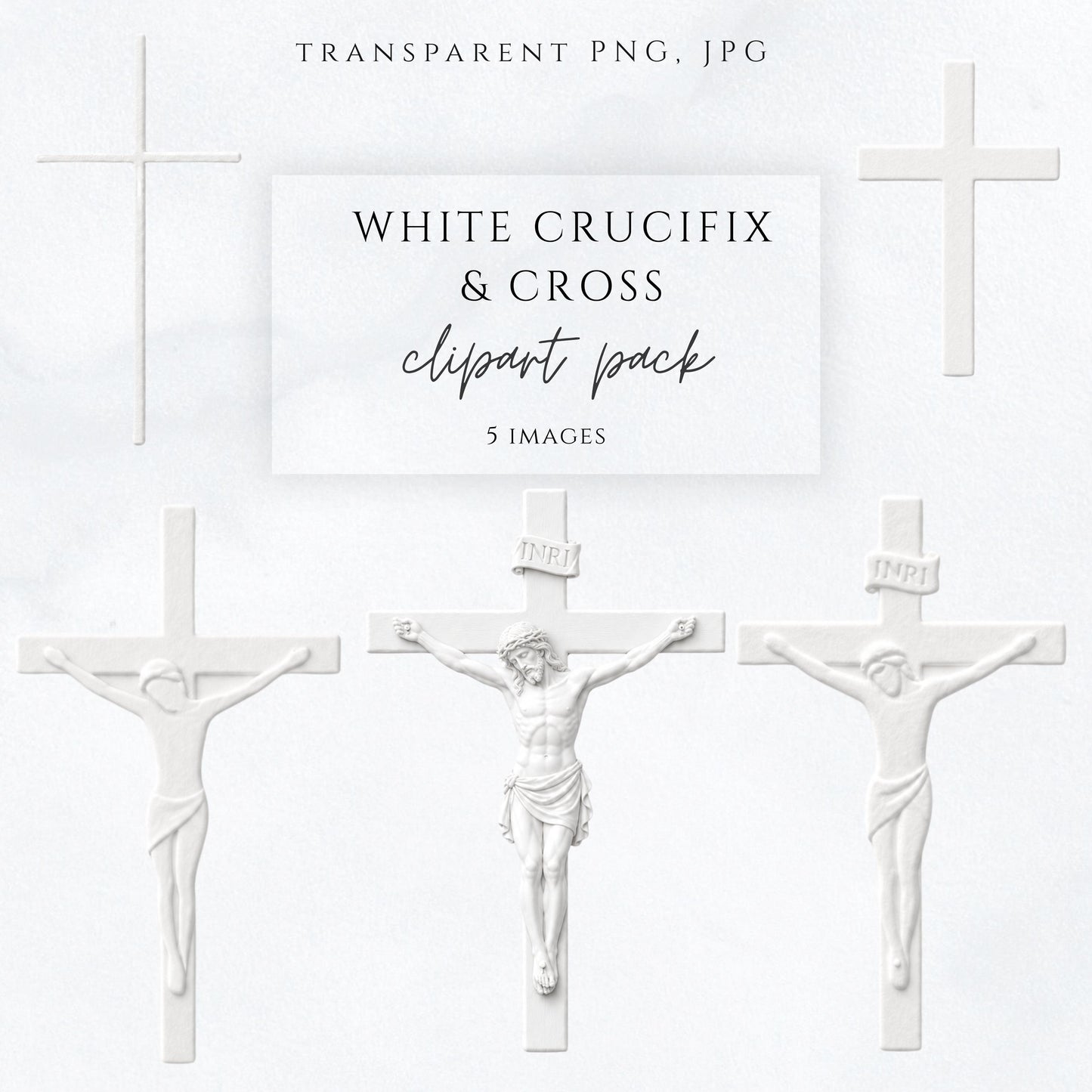 White crucifix and cross clipart pack with soft relief-style Catholic graphics / Pack de clipart de crucifijos y cruces blancas con estilo católico tipo relieve