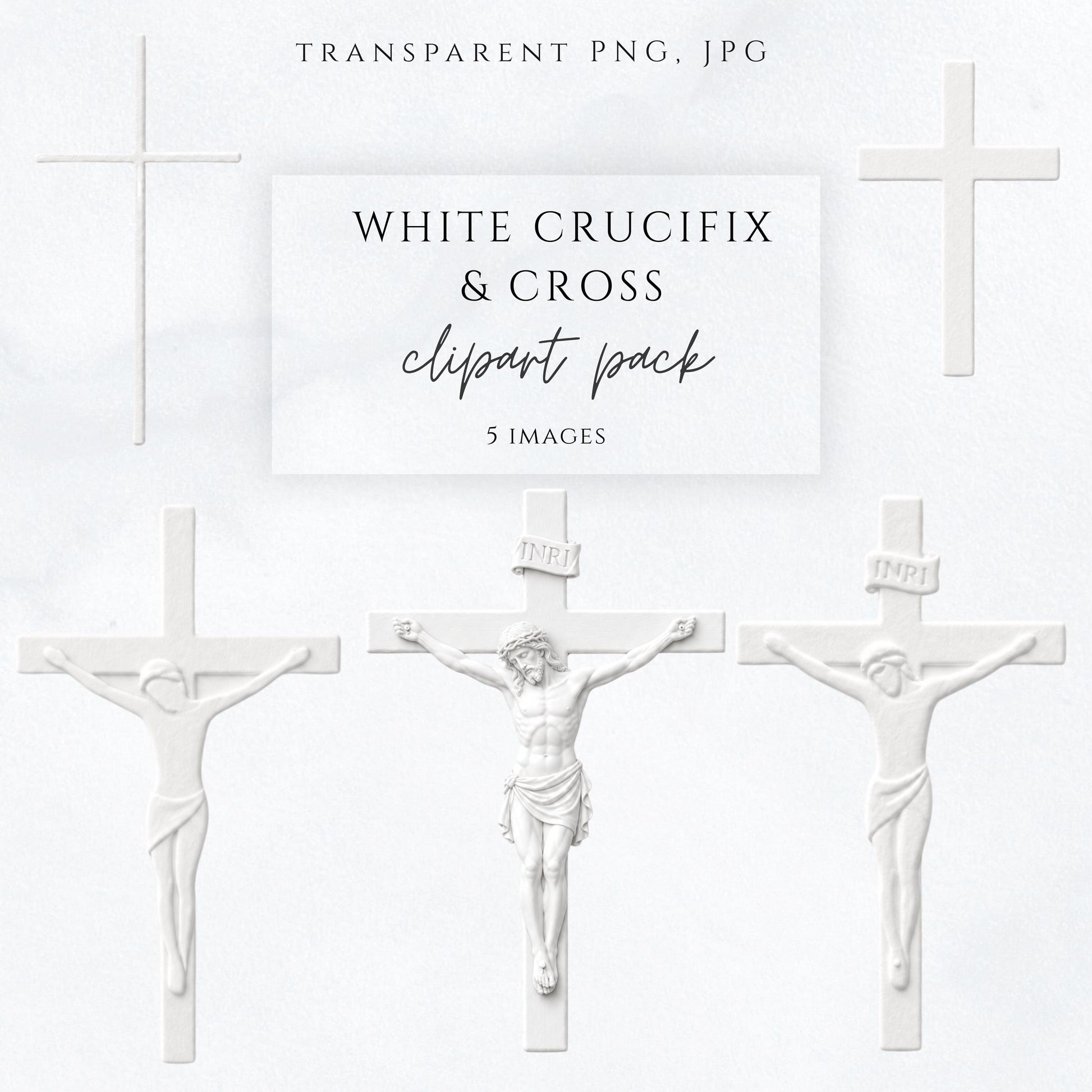 White crucifix and cross clipart pack with soft relief-style Catholic graphics / Pack de clipart de crucifijos y cruces blancas con estilo católico tipo relieve