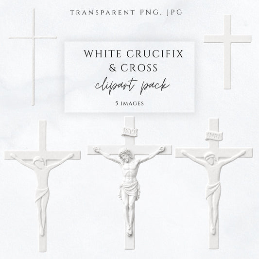 White crucifix and cross clipart pack with soft relief-style Catholic graphics / Pack de clipart de crucifijos y cruces blancas con estilo católico tipo relieve