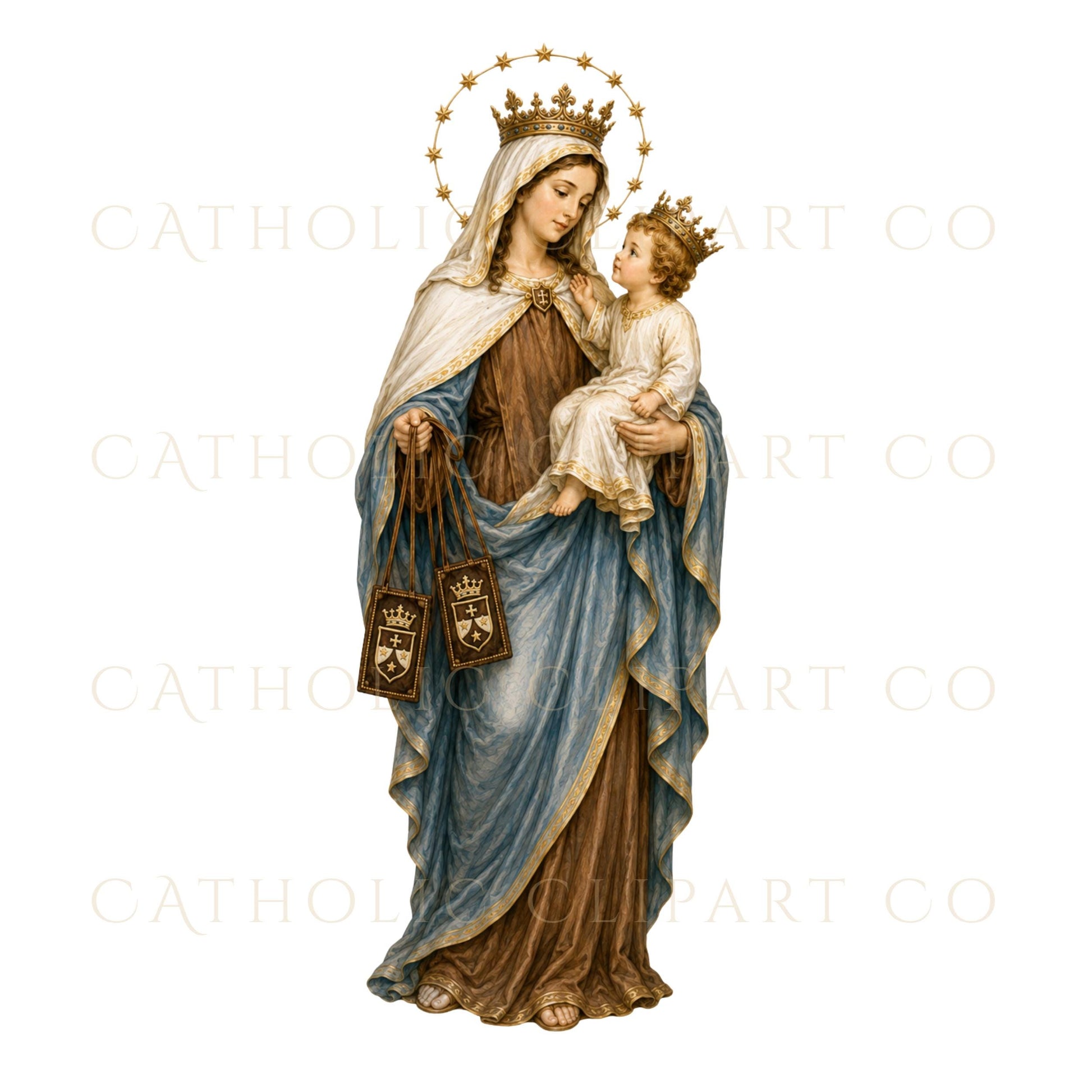 Our Lady of Mount Carmel religious graphics with crowned Virgin Mary, Jesus, Carmelite symbol, gold crown, and floral accents. / Gráficos religiosos de Nuestra Señora del Carmen con la Virgen coronada, Jesús, símbolo carmelita, corona dorada y flores.