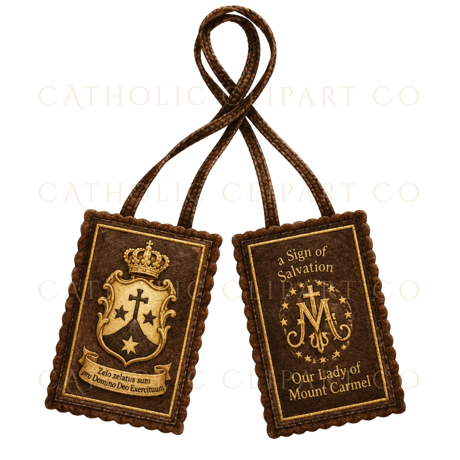 Luxury Catholic clipart pack with Marian blue, ivory, brown, and gold Our Lady of Mount Carmel devotional elements. / Paquete de clipart católico elegante en azul mariano, marfil, marrón y dorado con elementos devocionales de Nuestra Señora del Carmen.