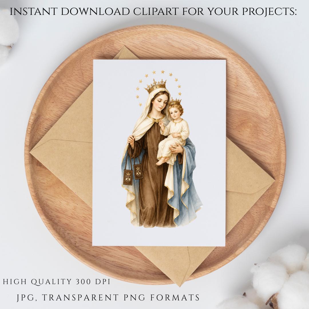 Catholic Our Lady of Mount Carmel PNG bundle featuring Mary and Baby Jesus with Brown Scapular devotional artwork. / Paquete PNG católico de Nuestra Señora del Carmen con María y el Niño Jesús sosteniendo el escapulario.