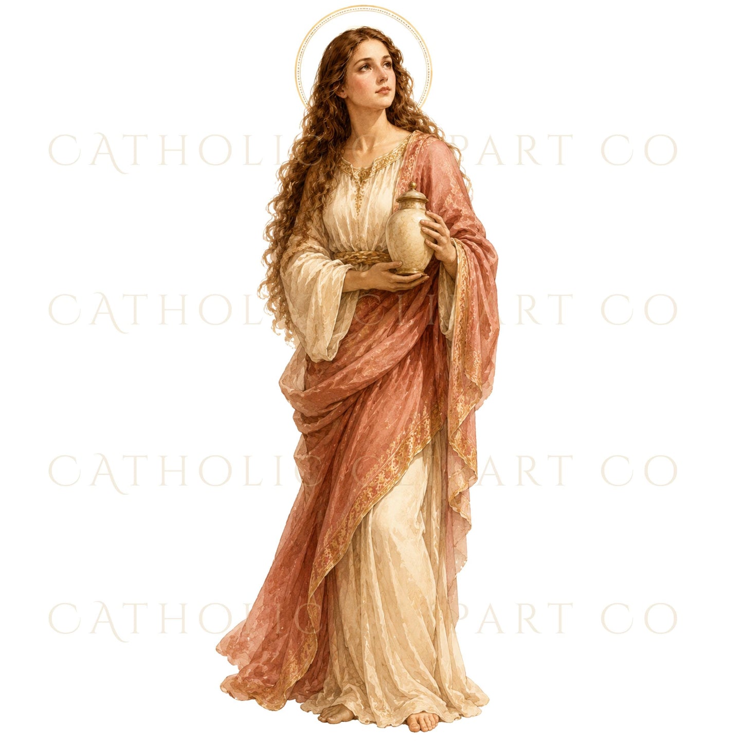 St. Mary Magdalene saint illustration with hand over heart and alabaster jar, religious PNG artwork | Ilustración de Santa María Magdalena con la mano sobre el corazón y frasco de alabastro, arte religioso en PNG