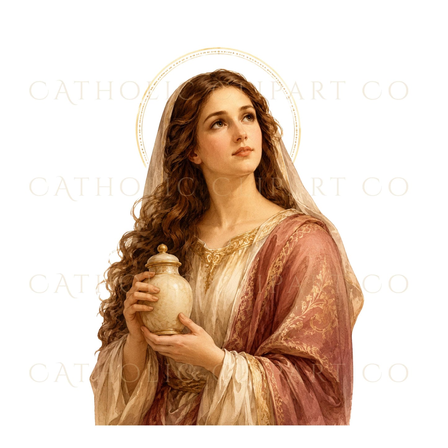 Standing St. Mary Magdalene clipart with halo and flowing robes, Christian saint digital artwork | Clipart de Santa María Magdalena de pie con halo y vestiduras fluidas, arte digital de santa cristiana