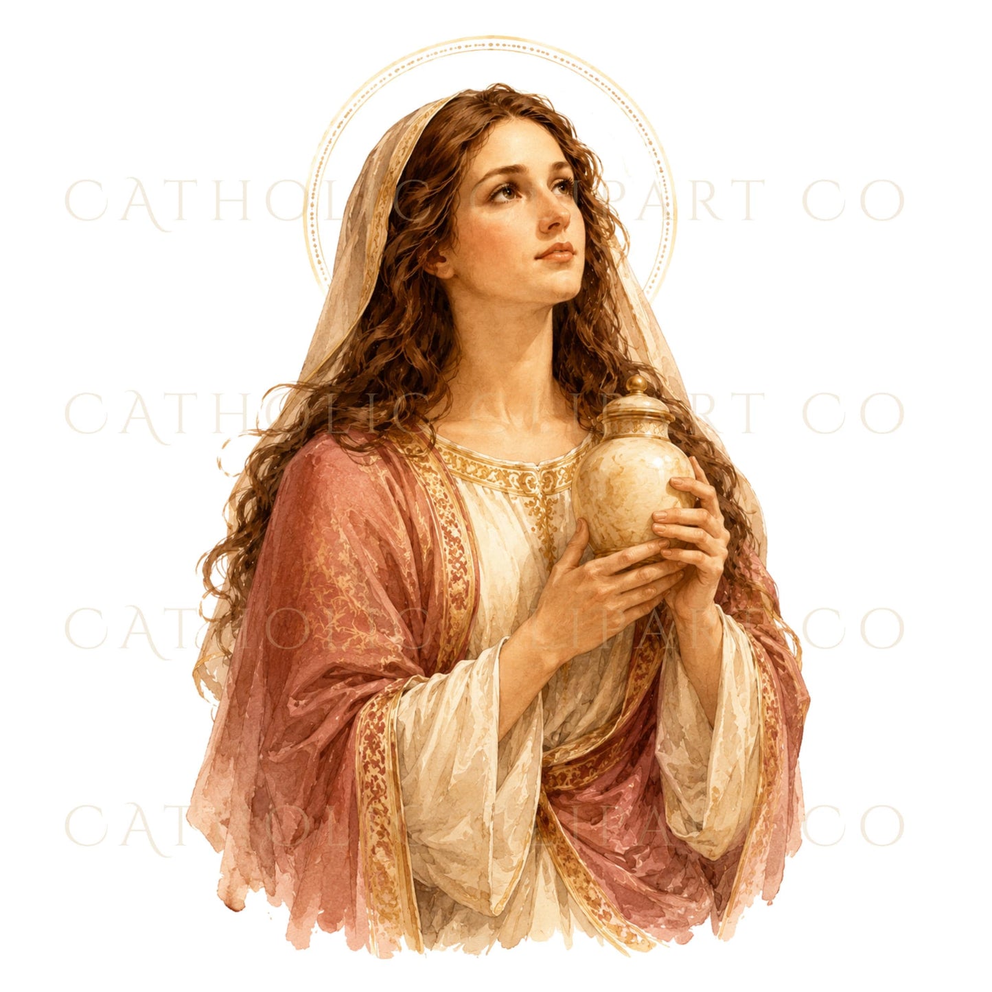 Portrait-style St. Mary Magdalene clipart holding alabaster jar with delicate halo and devotional expression | Clipart estilo retrato de Santa María Magdalena sosteniendo un frasco de alabastro con halo delicado y expresión devocional