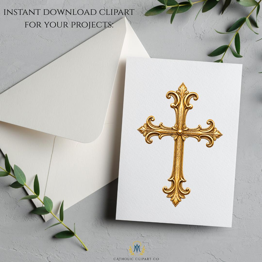 Decorative gold Catholic cross clipart with ornate details for Christian invitations and religious graphics | Clipart de cruz católica dorada decorativa con detalles ornamentales para invitaciones cristianas y gráficos religiosos