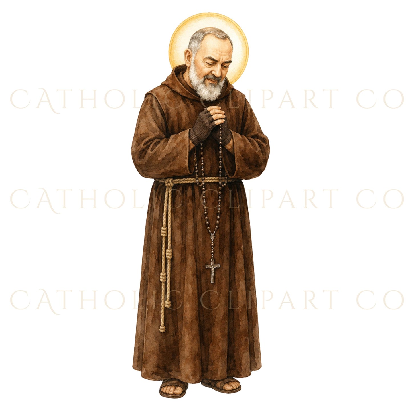 All Saints Day religious clipart set with Catholic saints, gold halos, roses, lilies, rosaries and devotional symbols / Set de clipart religioso para Todos los Santos con santos católicos, halos dorados, rosas, lirios, rosarios y símbolos devocionales