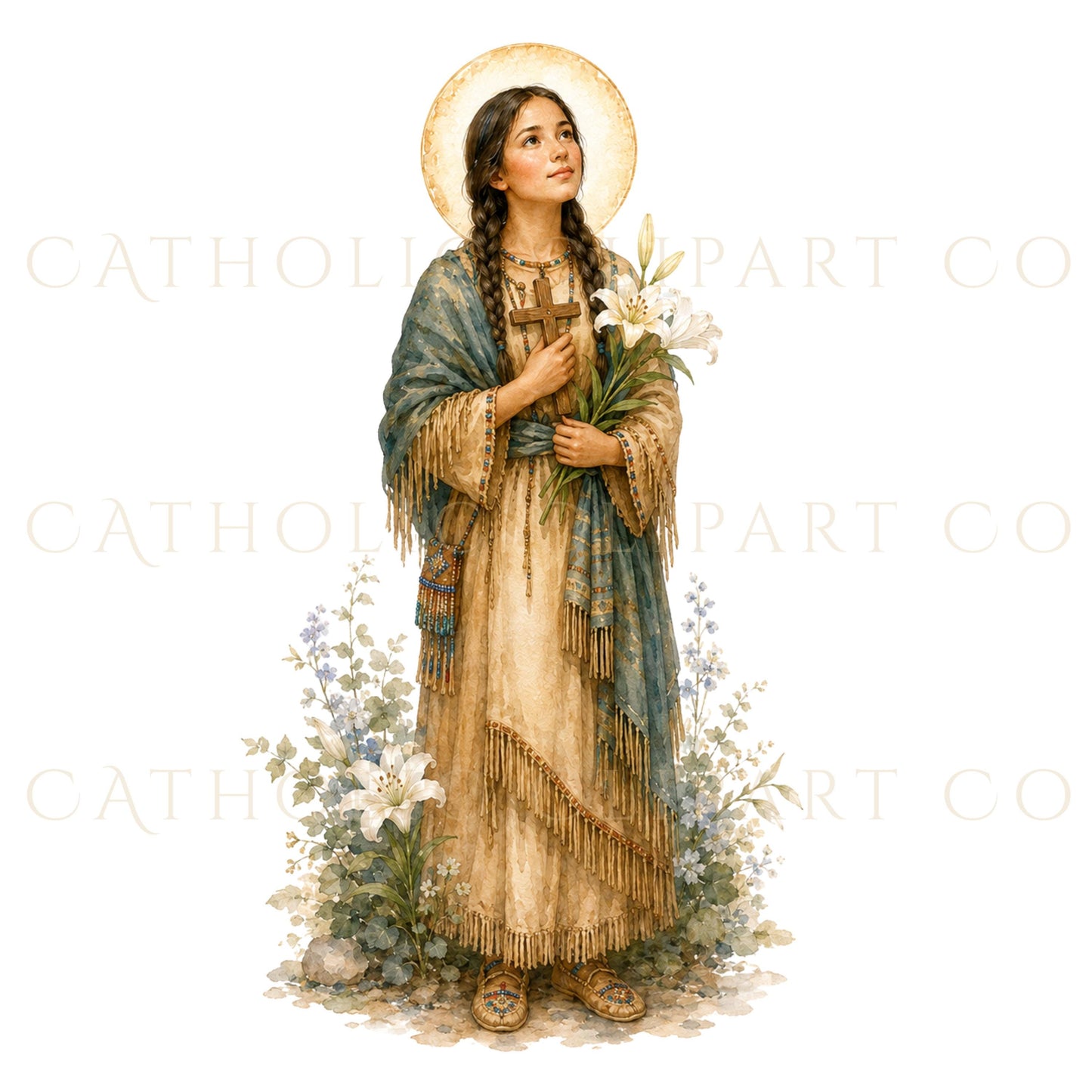 Beautiful Catholic saints watercolor graphics with halos and devotional details for prayer cards and printable designs / Hermosos gráficos de santos católicos en acuarela con halos y detalles devocionales para tarjetas de oración y diseños imprimibles