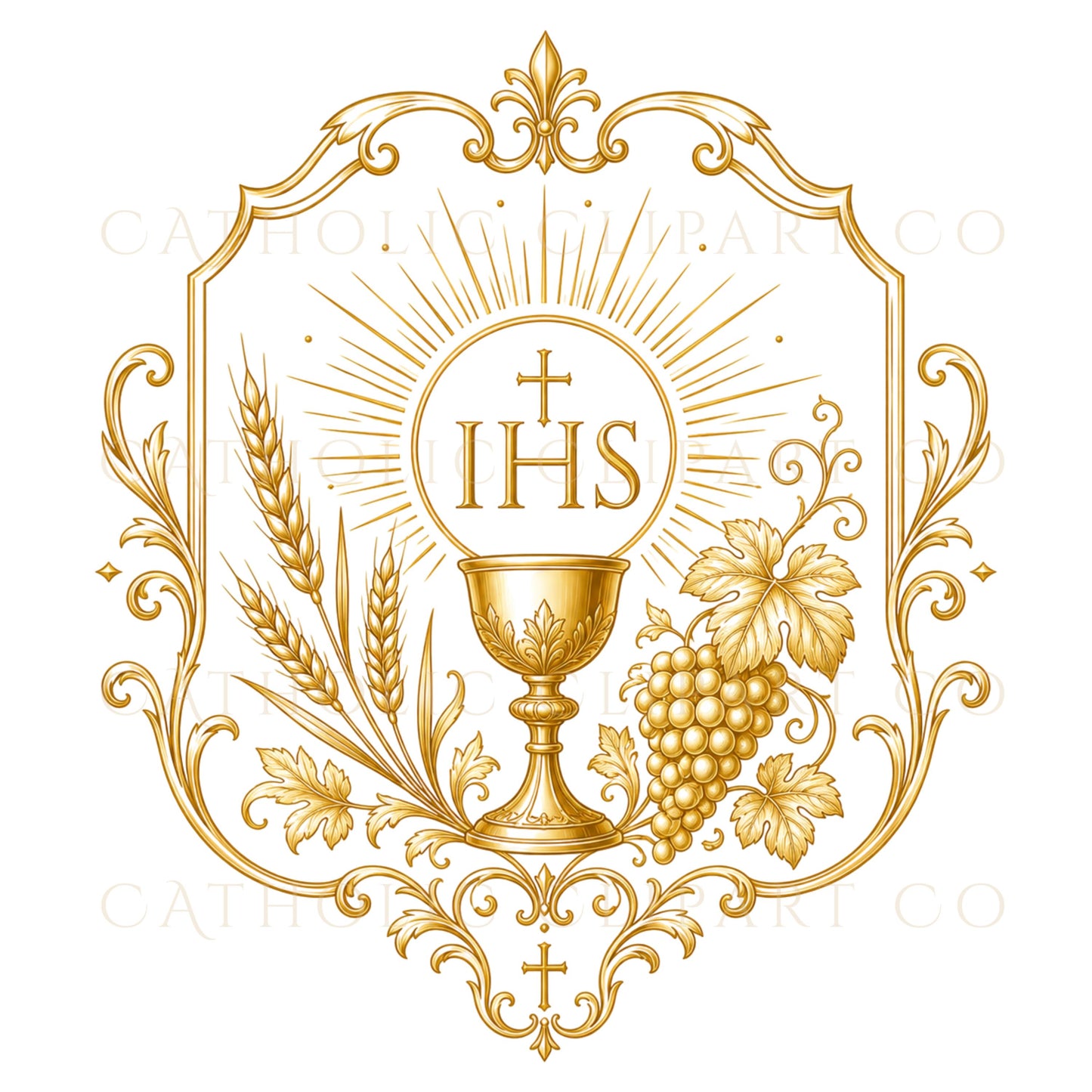 Sacred host icon clipart with radiant rays and traditional IHS monogram for Catholic designs | Clipart de icono de hostia sagrada con rayos radiantes y monograma IHS tradicional para diseños católicos