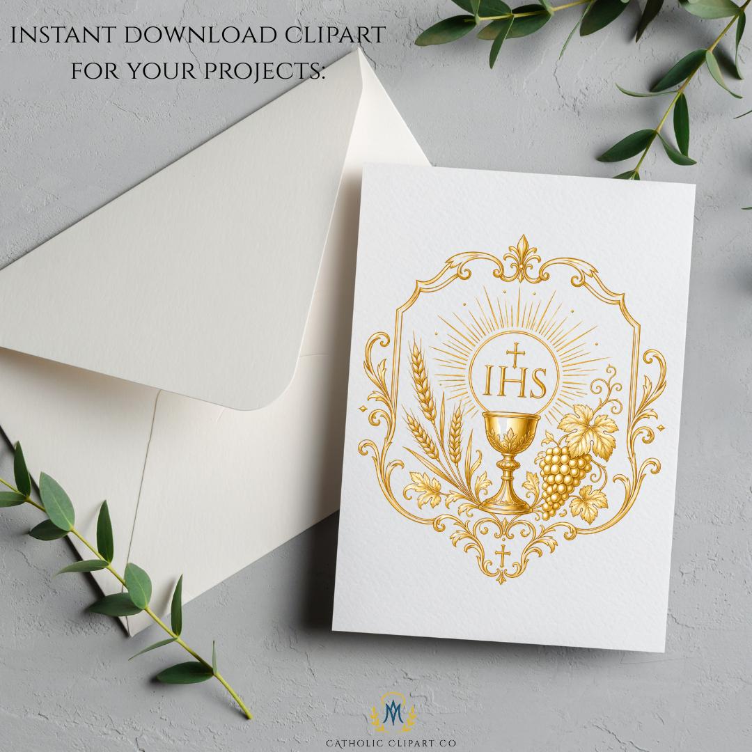 Luxury Catholic monstrance clipart with detailed gold Eucharistic vessel and radiant sacred host centerpiece | Clipart de custodia católica de lujo con detallada custodia eucarística dorada y hostia sagrada radiante