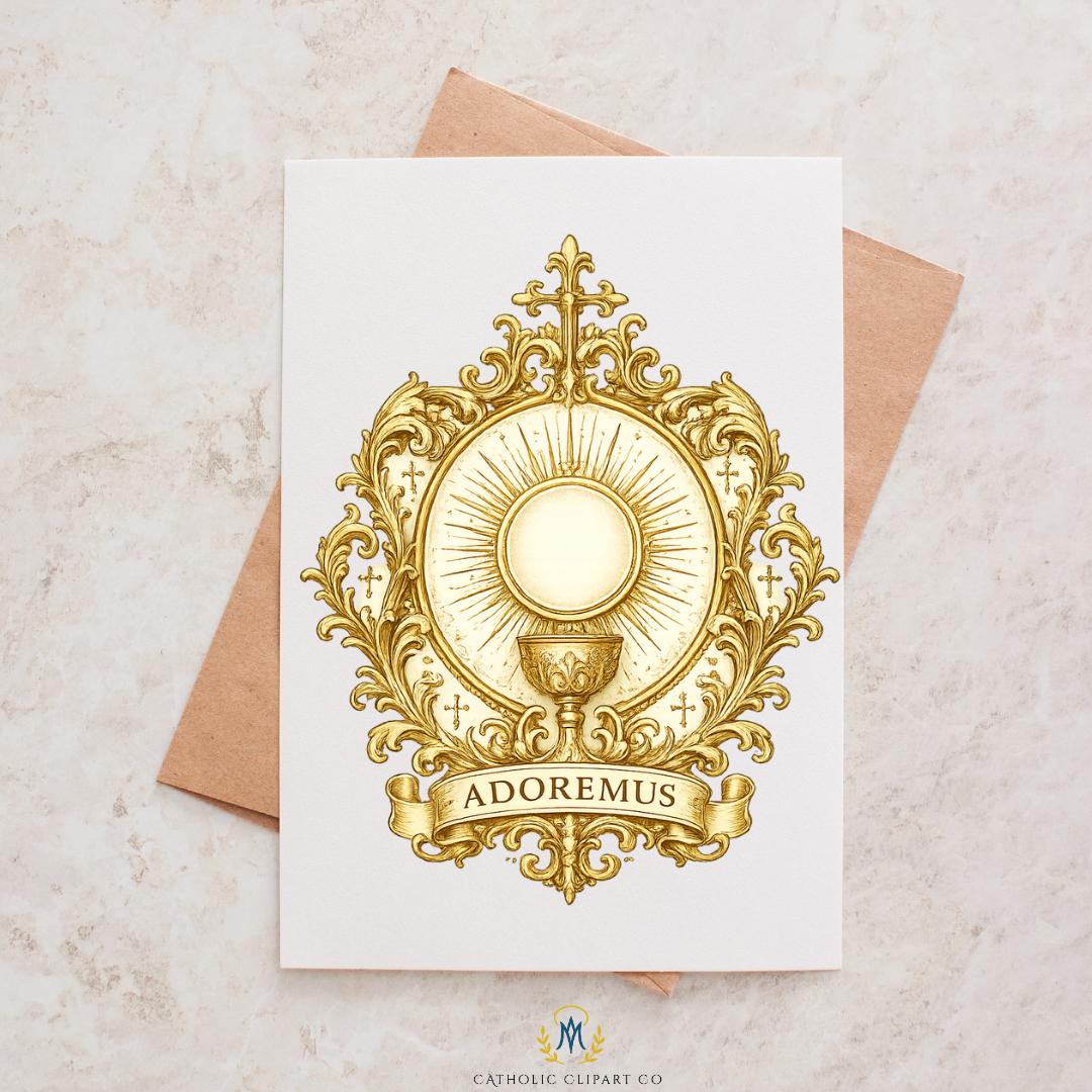 Ornate IHS emblem clipart with gold flourishes for prayer cards, ministries and sacramental projects | Clipart de emblema IHS ornamentado con detalles dorados para tarjetas de oración, ministerios y proyectos sacramentales