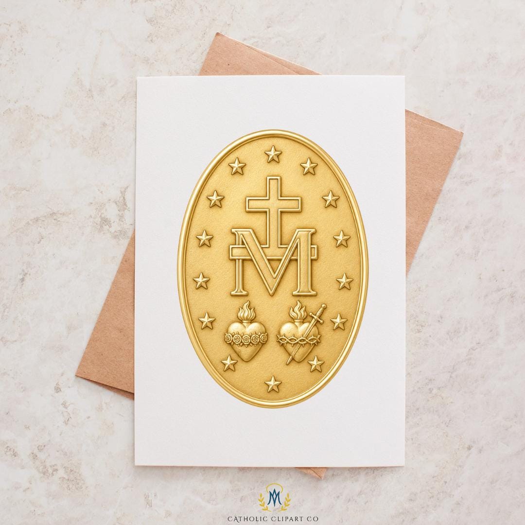 Gold Miraculous Medal reverse clipart featuring Marian monogram and Sacred Hearts. | Clipart dorado del reverso de la Medalla Milagrosa con monograma mariano y Sagrados Corazones.