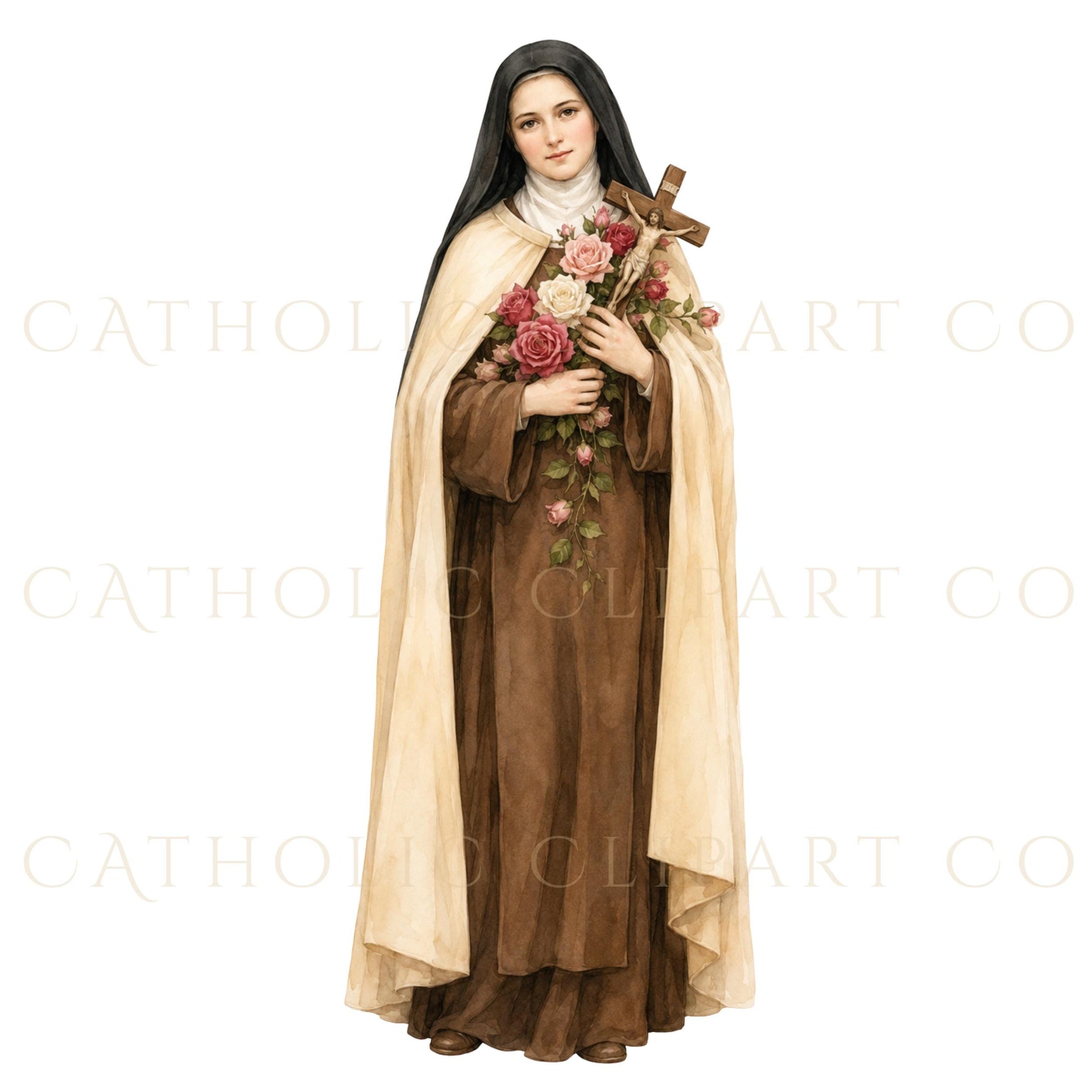 St Therese bust portrait with roses near shoulder, soft Catholic holy card clipart | Retrato de busto de Santa Teresita con rosas, clipart suave estilo estampa religiosa