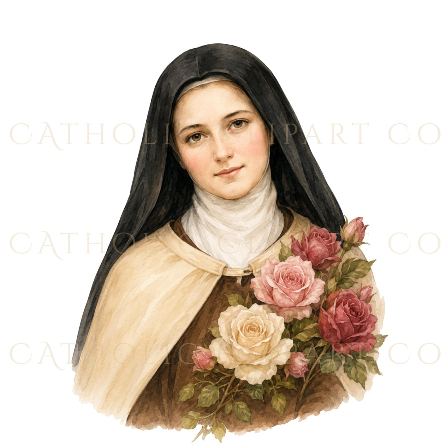Crucifix with pink roses watercolor clipart for Catholic prayer cards and religious designs | Crucifijo con rosas rosadas en acuarela para estampas de oración y diseños religiosos