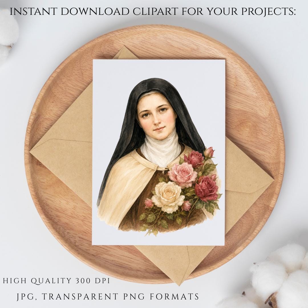 Watercolor St Therese saint clipart for prayer cards, feast day printables, and Catholic designs | Clipart en acuarela de Santa Teresita para estampas de oración, imprimibles y diseños católicos