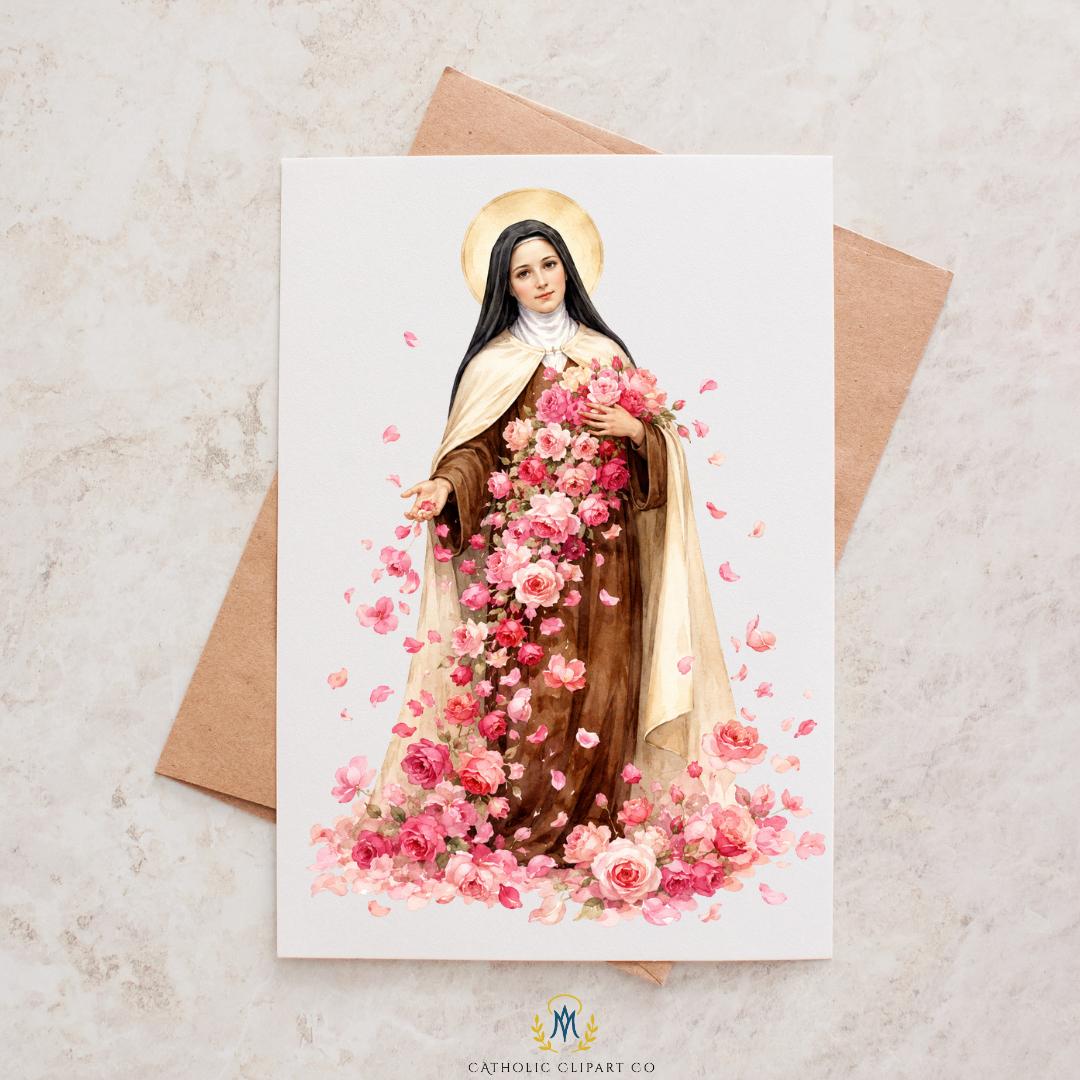St Therese Clipart PNG Bundle, Little Flower Catholic Saint Watercolor Graphics, Rose Clipart, Religious Art Commercial Use