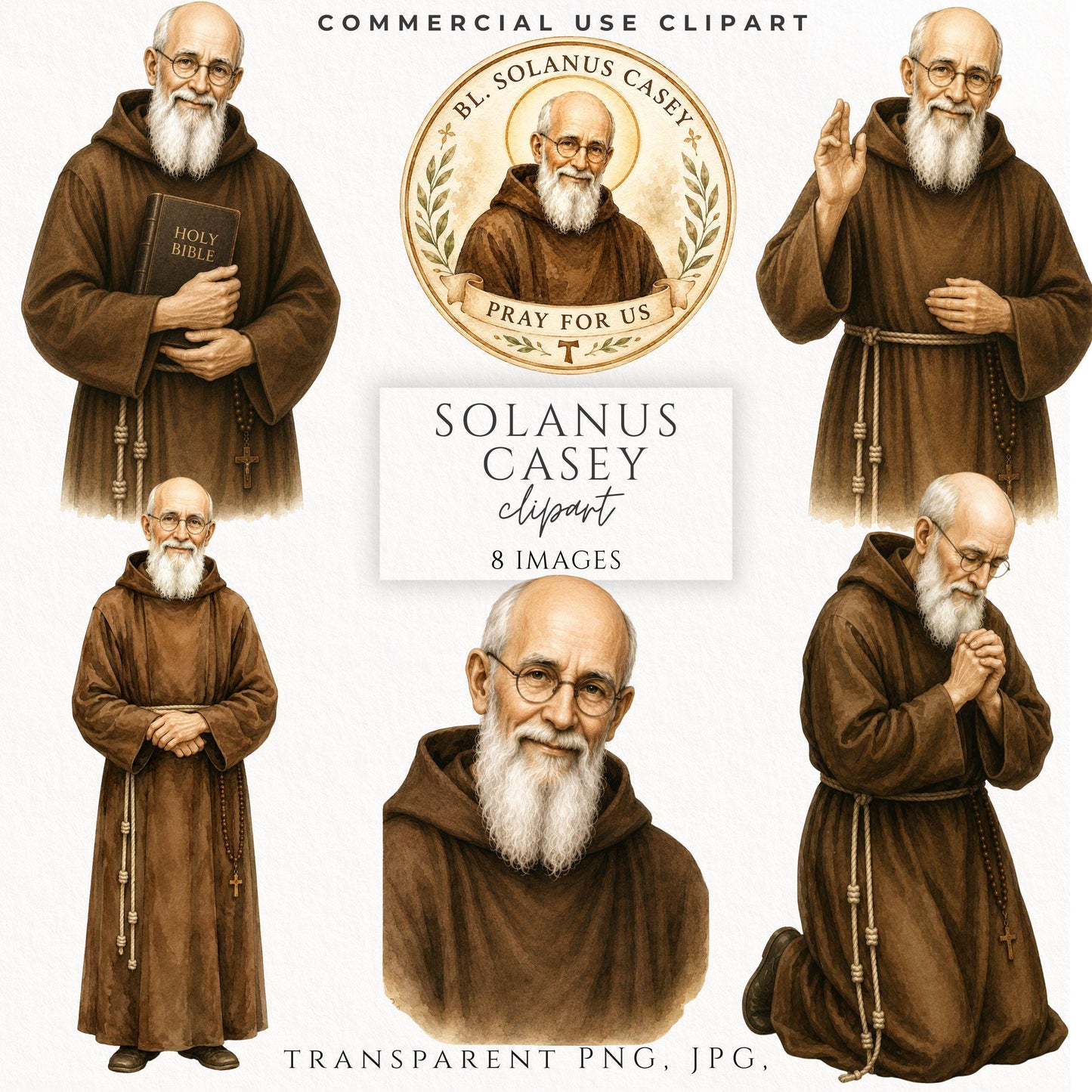 Blessed Solanus Casey watercolor clipart holding a Holy Bible in brown Capuchin Franciscan habit, Catholic saint PNG for prayer cards and parish designs | Clipart en acuarela del Beato Solanus Casey sosteniendo una Santa Biblia con hábito franciscano capuchino marrón, PNG católico para tarjetas de oración y diseños parroquiales