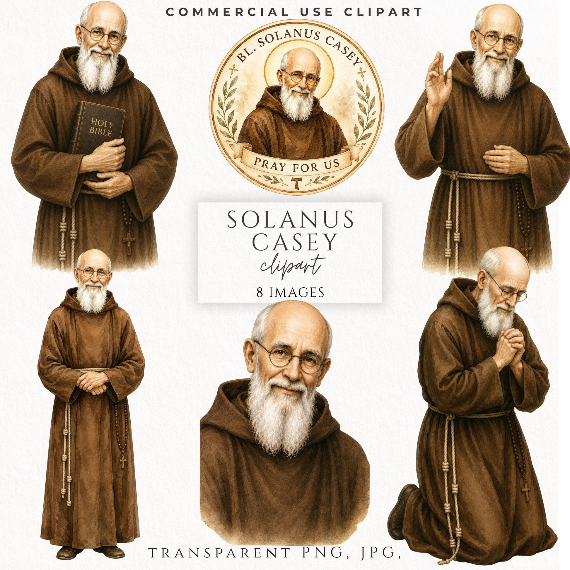 Blessed Solanus Casey watercolor clipart holding a Holy Bible in brown Capuchin Franciscan habit, Catholic saint PNG for prayer cards and parish designs | Clipart en acuarela del Beato Solanus Casey sosteniendo una Santa Biblia con hábito franciscano capuchino marrón, PNG católico para tarjetas de oración y diseños parroquiales