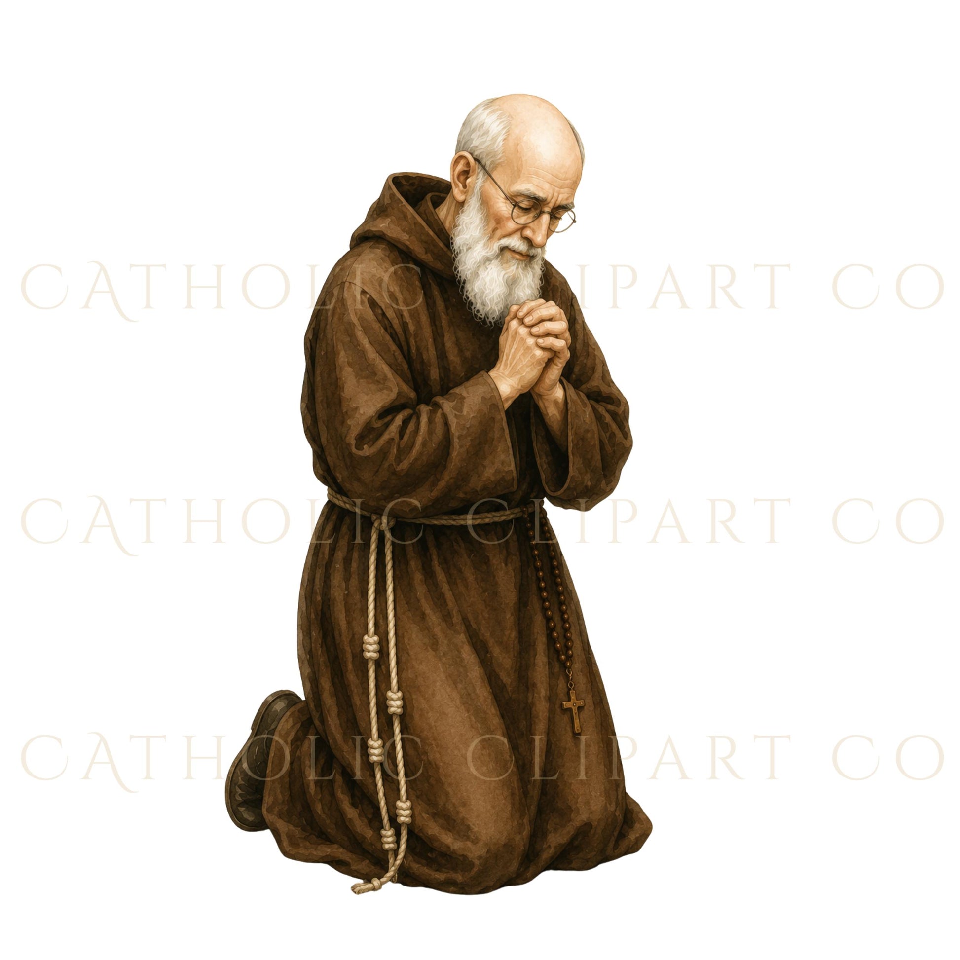 Blessed Solanus Casey commercial-use watercolor clipart bundle with eight Catholic saint portraits, transparent PNG and JPG files | Paquete de clipart en acuarela del Beato Solanus Casey para uso comercial con ocho retratos de santo católico, archivos PNG transparentes y JPG