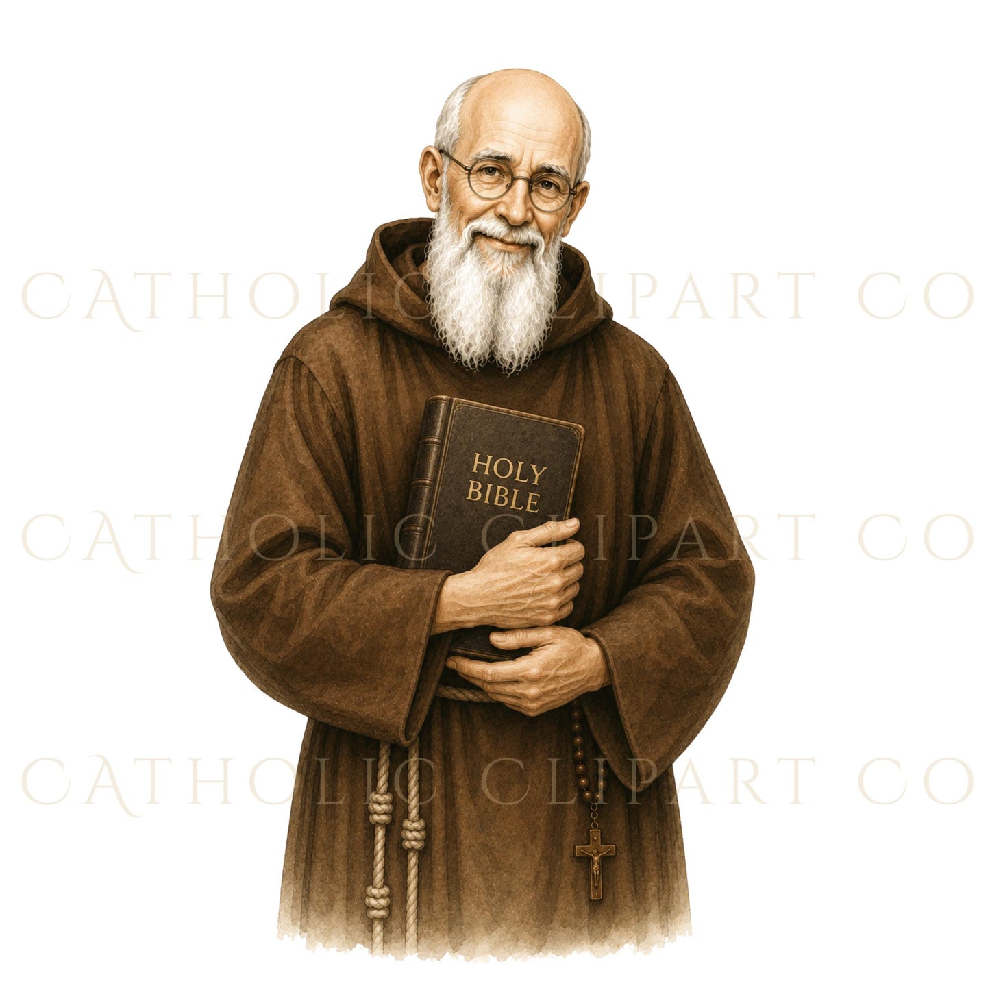 Blessed Solanus Casey circular watercolor emblem with halo, olive branches, Pray for Us banner, and Tau cross, Catholic saint badge PNG | Emblema circular en acuarela del Beato Solanus Casey con halo, ramas de olivo, cinta “Pray for Us” y cruz Tau, insignia PNG de santo católico